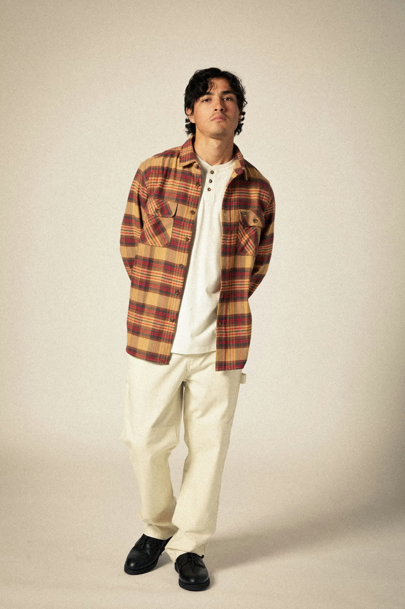 Bowery Long Sleeve Flannel Shirt for Men - Soft & Comfortable Plaid Shirt in Curry, Washed Black & Crimson - Perfect for Casual Wear, Outdoor Adventures & Layering