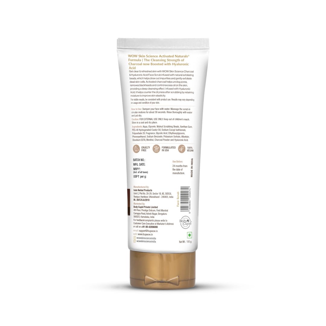 WOW Skin Science Charcoal & Hyaluronic Acid Face Scrub - Deep Cleansing & Hydrating Detox Treatment for Oily & Acne-Prone Skin | Unclogs Pores, Removes Blackheads & Controls Oil | Improves Skin Elasticity | 100g | Perfect for Daily Skincare Routine & Pre-Makeup Prep