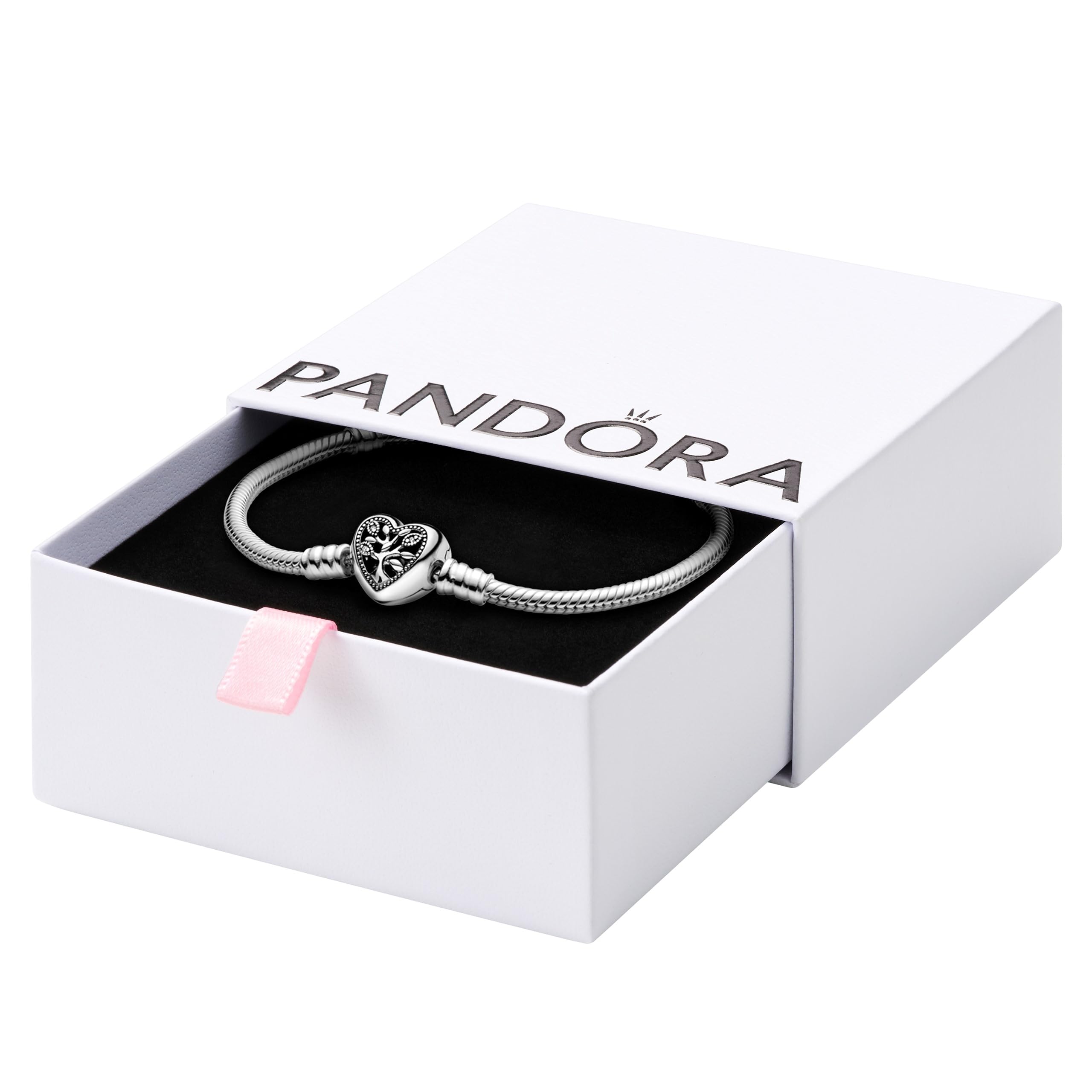 PANDORA Moments Family Tree Heart Clasp Snake Chain Bracelet - Sterling Silver with Cubic Zirconia - Compatible with PANDORA Charms - Elegant Gift for Women - Perfect for Mother's Day, Anniversary & Special Occasions