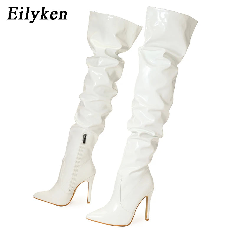 Eilyken Women's Red Over The Knee High Heel Boots - Patent Leather Pointed Toe Stiletto with Side Zipper | Fashionable Winter Boots for Party, Night Out & Date Night