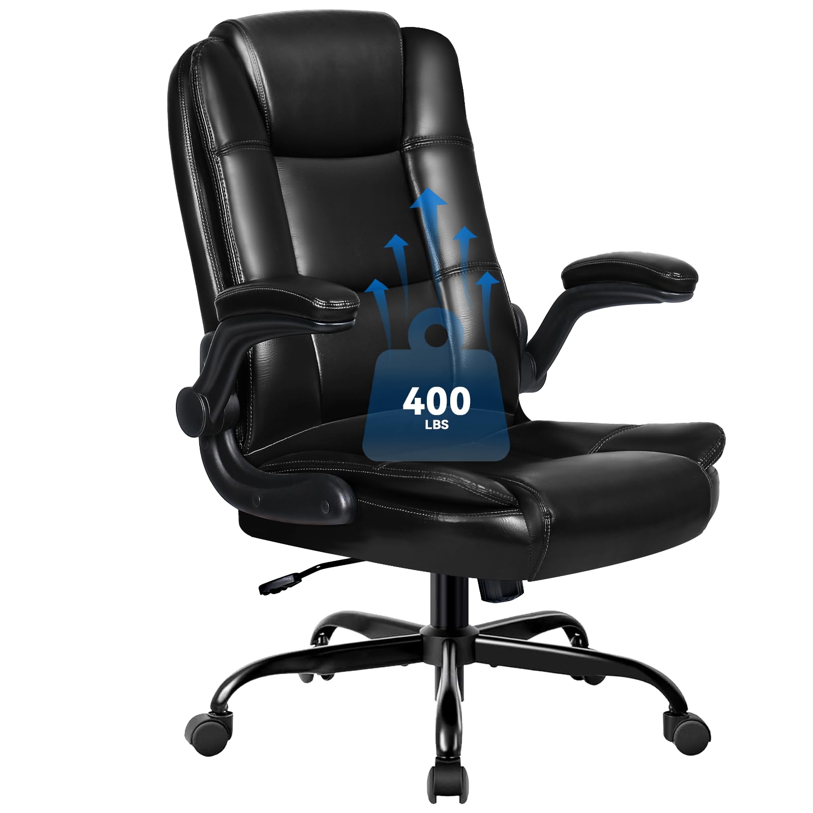 Premium VITESSE Executive Office Chair with Flip-Up Armrests - Big & Tall Leather Ergonomic Computer Desk Chair with High Back Lumbar Support - Heavy Duty Home & Office Task Chair for Long Hours (Black) - Perfect for Home Offices, Corporate Workstations & Gaming Setups