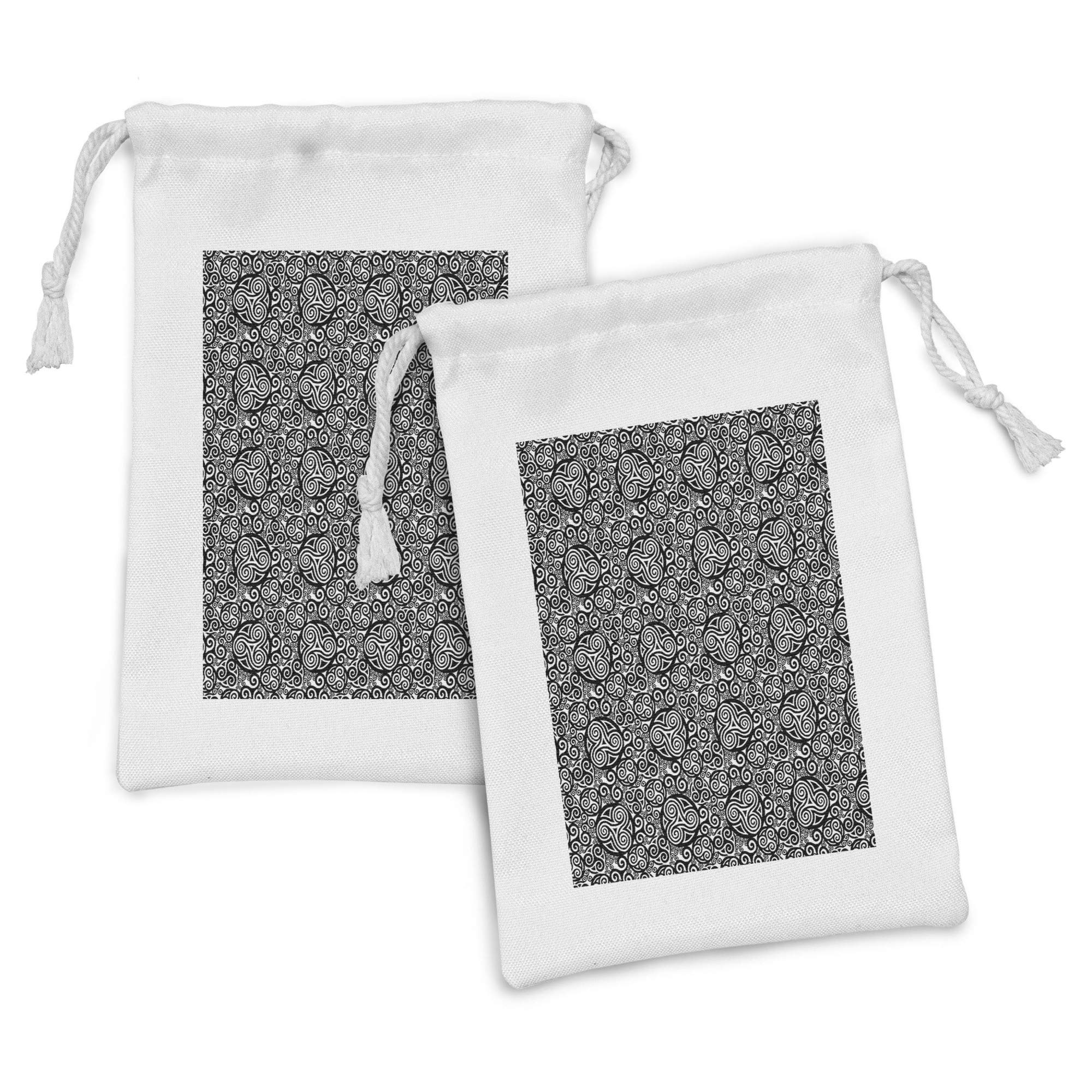 Ambesonne Abstract Fabric Pouch Set of 2 - Monochrome Celtic Triskelion Design Drawstring Bags for Toiletries, Travel, Jewelry & Party Favors (9