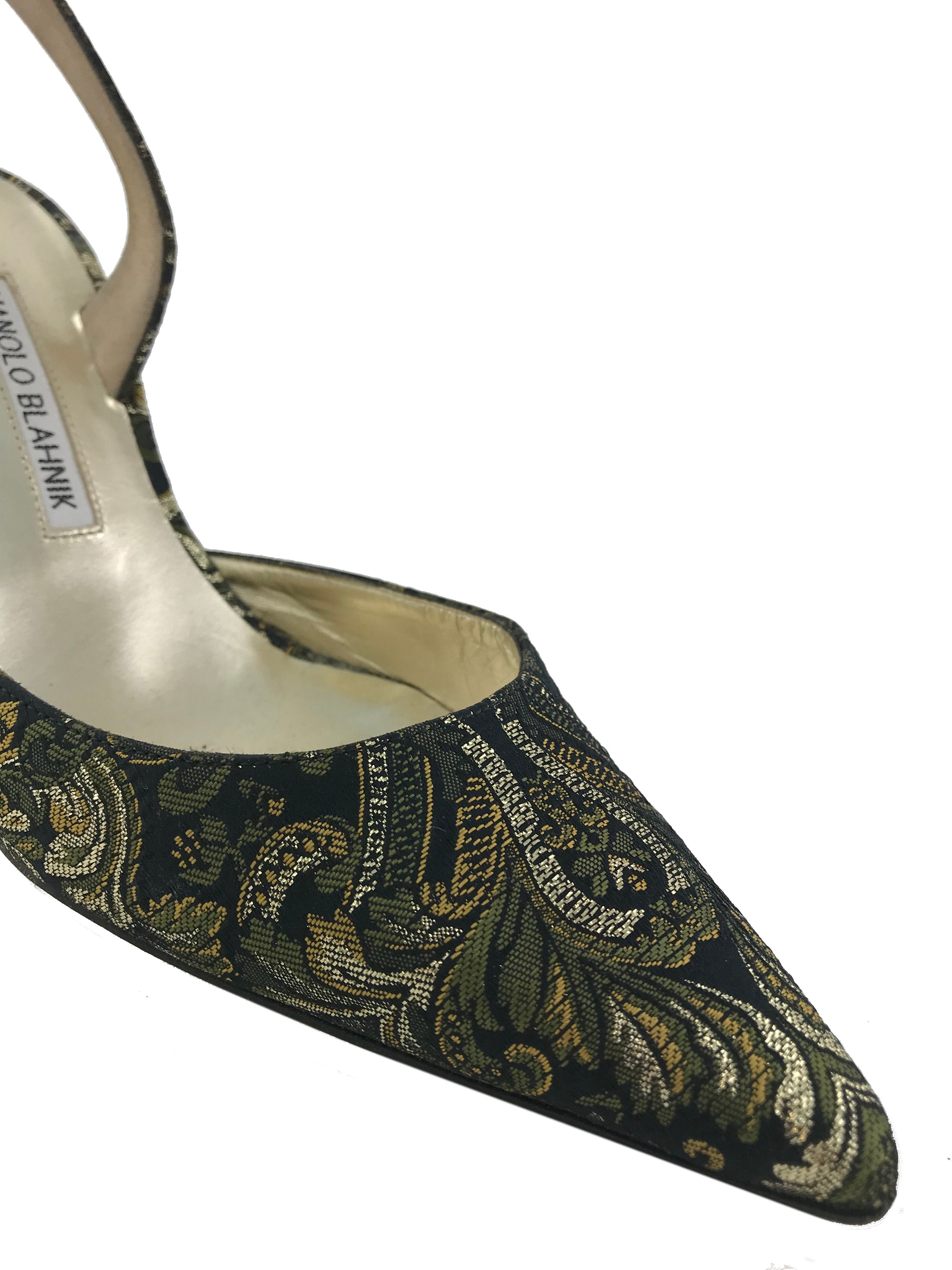 Manolo Blahnik Jacquard Carolyne Slingback Pump Women's Size 9.5 - Elegant Heels for Weddings, Parties & Office Wear