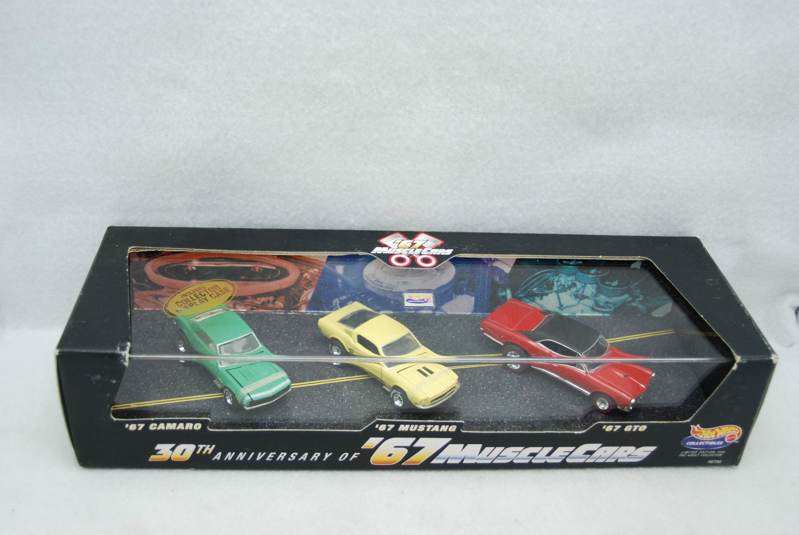 Hot Wheels 1:64 Scale Classic Collector 3-Car Set - '67 Camaro, Mustang & GTO Replicas in Display Case | 30th Anniversary Muscle Cars Collection | Perfect for Diecast Collectors, Gift Giving & Home Decor