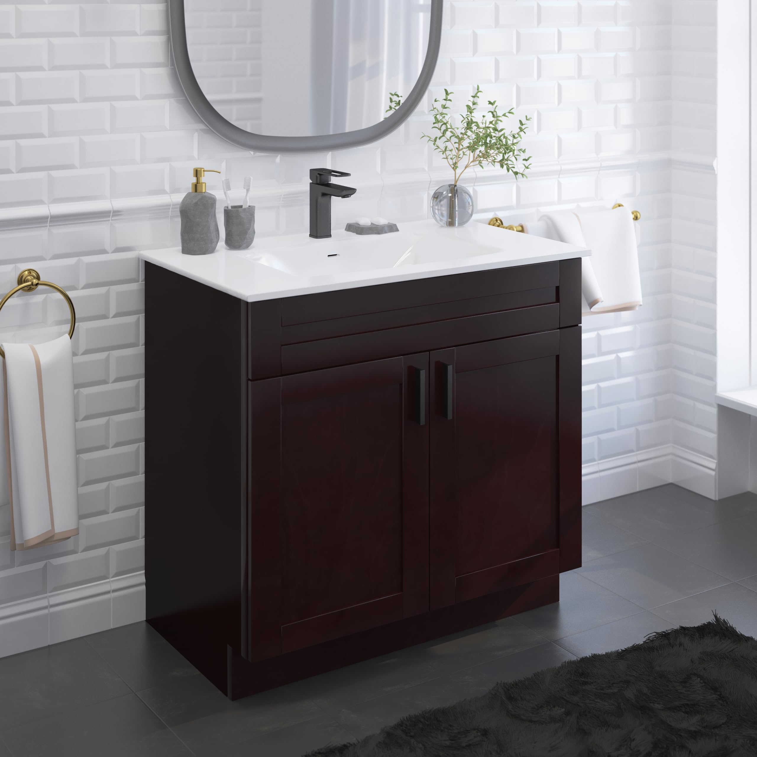 36 Inch Espresso Shaker Bathroom Vanity Cabinet - Ready-to-Assemble Sink Base with Soft-Close Doors (24/30/36 Inch Width Options) for Modern Bathroom Renovation & Home Upgrade
