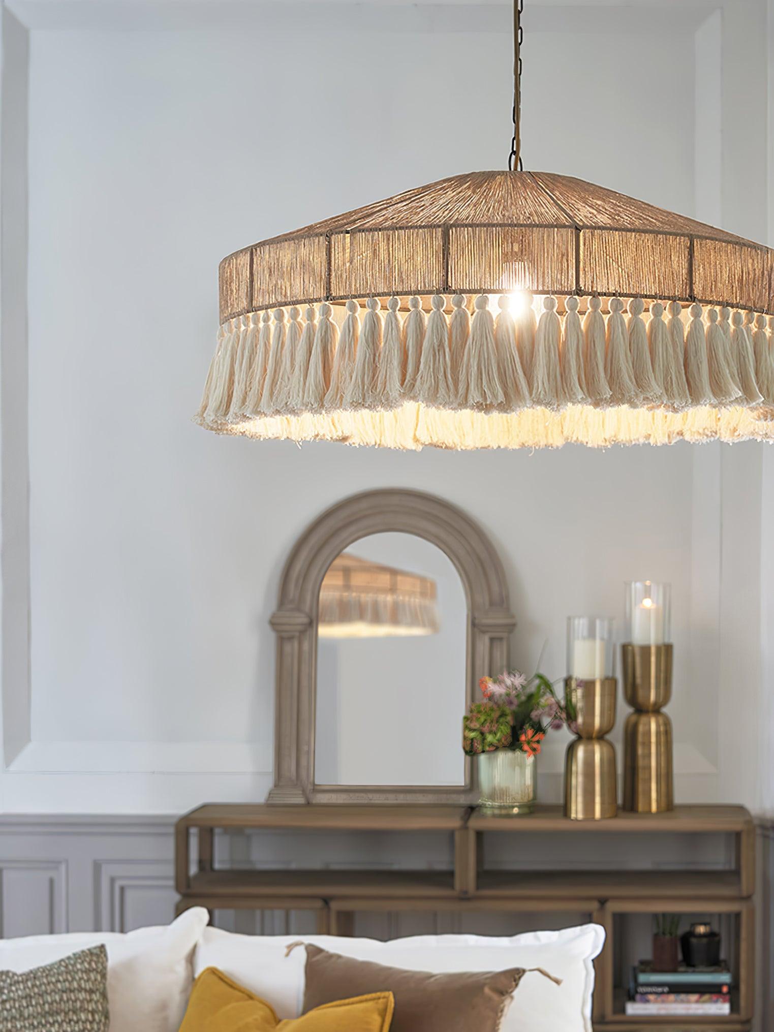 Bohemian Fringe Pendant Lamp - Handmade Rattan Hanging Light Fixture for Living Room, Bedroom, or Patio Decor | Boho Chic Ceiling Lighting for Home & Cafe