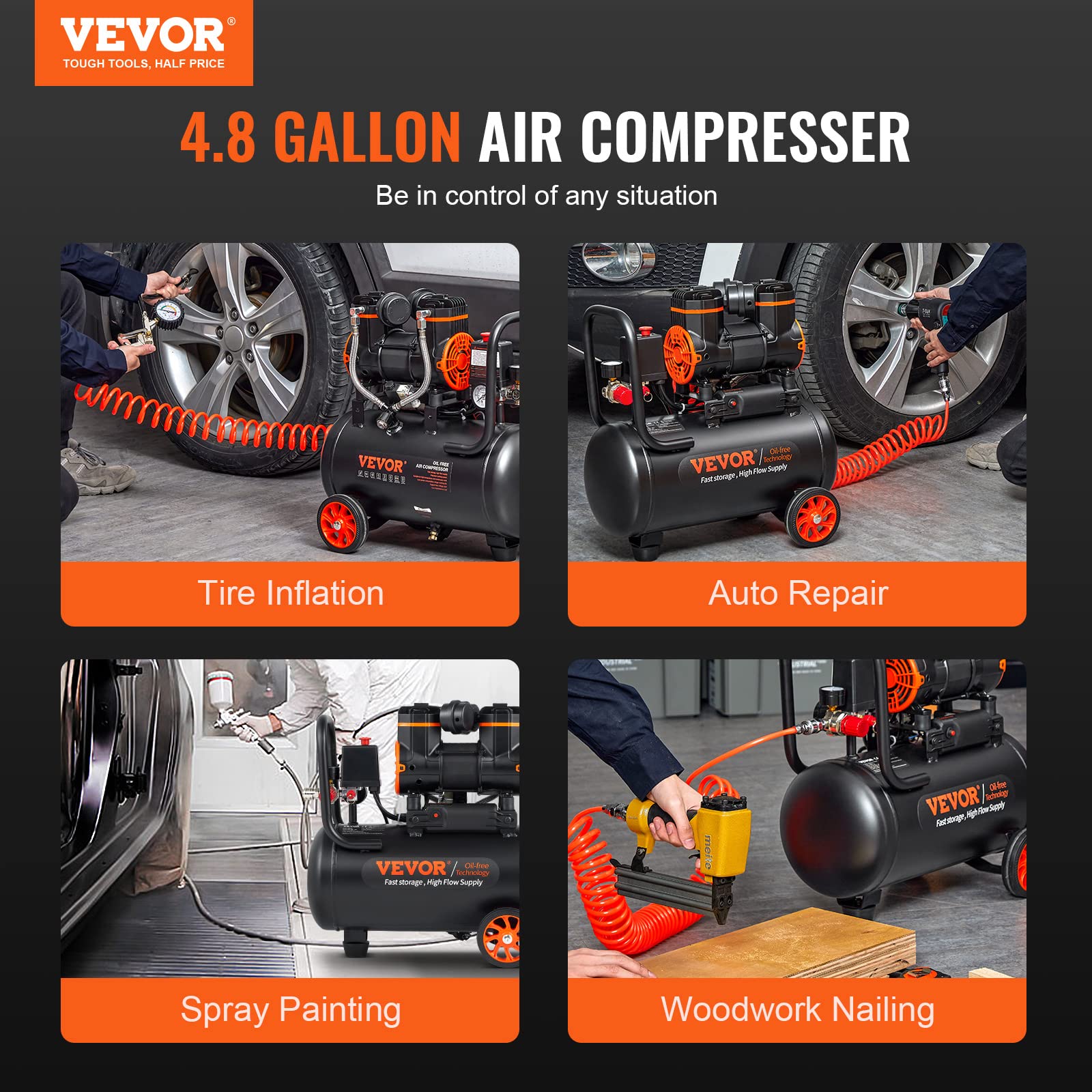 VEVOR 4.8 Gallon Air Compressor, 1.2HP Oil-Free Portable Air Compressor with 2.2 CFM@90PSI & 116PSI Max Pressure, 70dB Ultra Quiet - Perfect for Auto Repair, Tire Inflation, Spray Painting, Nailing & DIY Projects