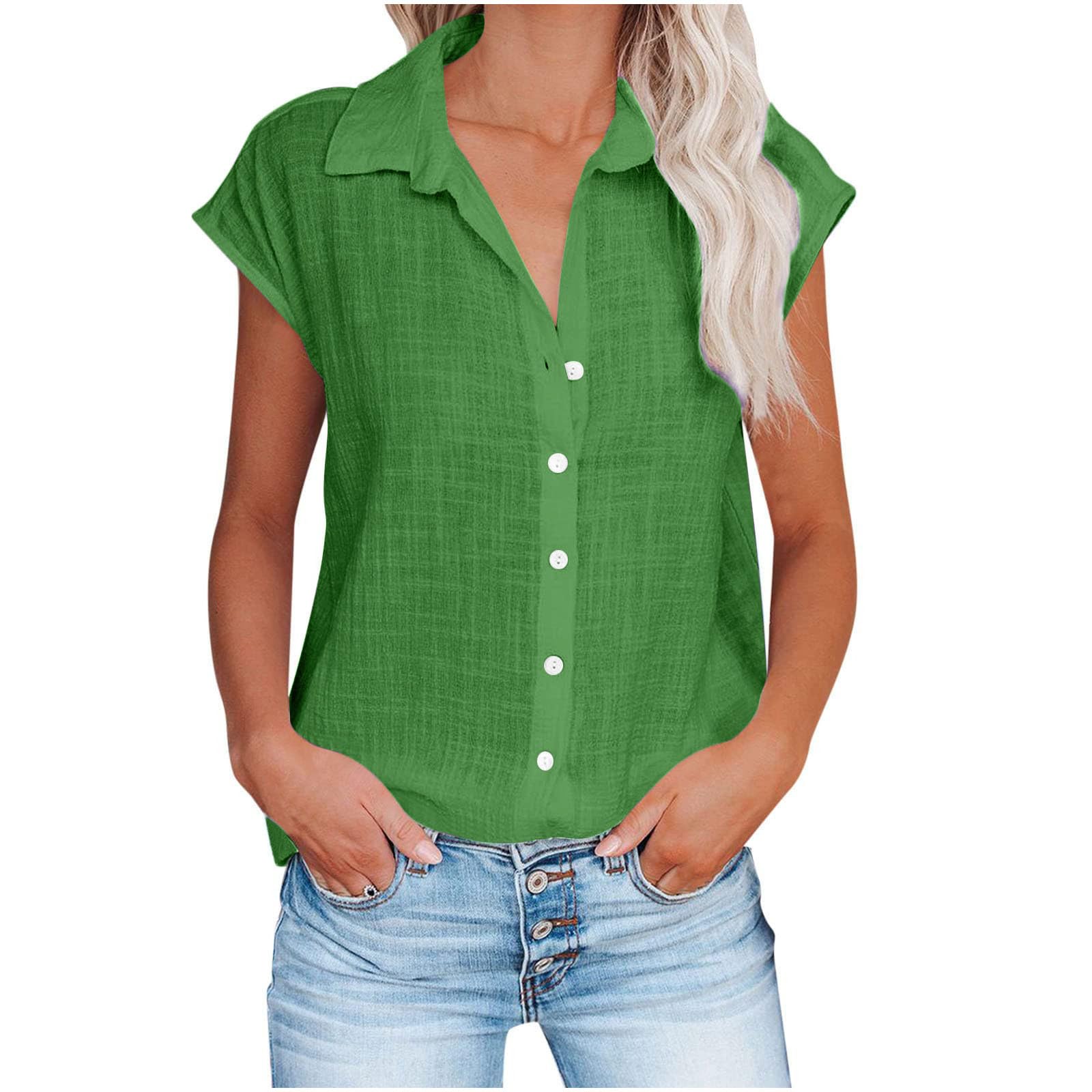 Women's Casual Cotton Linen Short Sleeve Blouses - Trendy 2024 Summer Tops, Loose Fit T-Shirts for Work & Weekend Outings