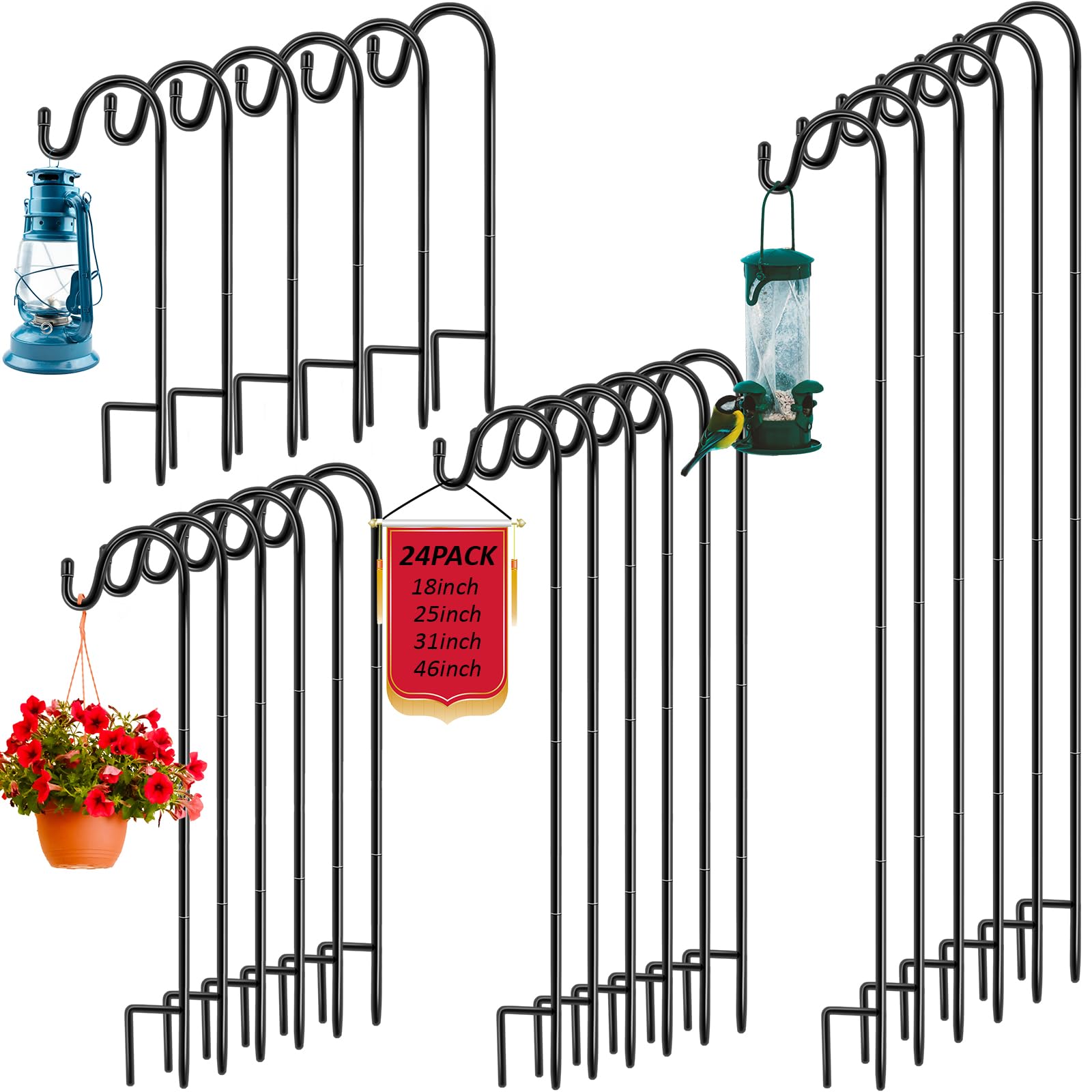 Hicarer 24 Pack Adjustable Shepherd Hooks for Outdoor - 18/25/32/46 Inch Garden Hooks for Hanging Plants, Solar Lights, Bird Feeders, Lanterns & Wedding Decor - Perfect for Patio, Yard, and Garden Decorations