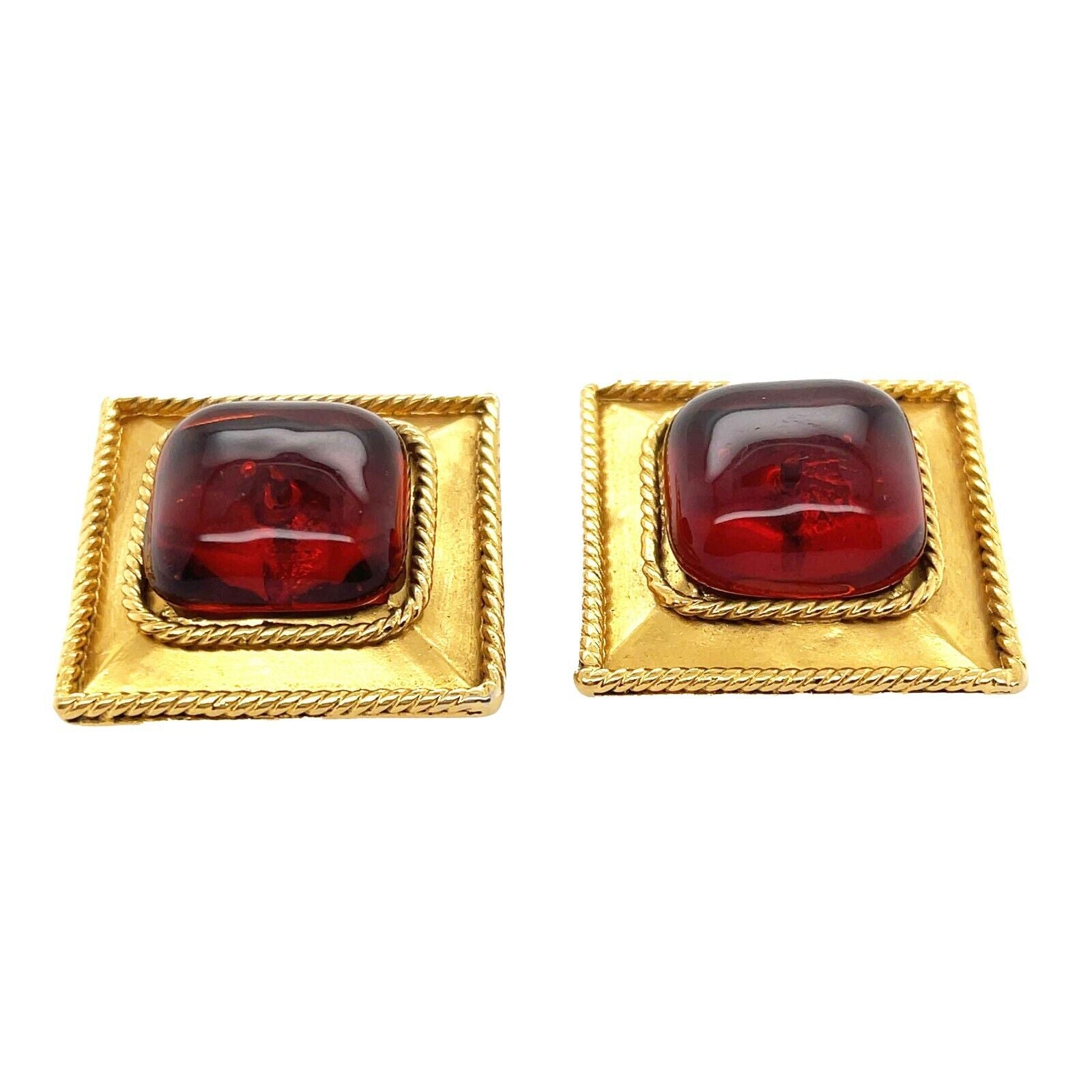 Vintage CHANEL Gripoix Square Clip-On Earrings in Orange, Red & Gold - Elegant 25 Stamped Statement Jewelry for Women, Perfect for Parties, Weddings & Special Occasions