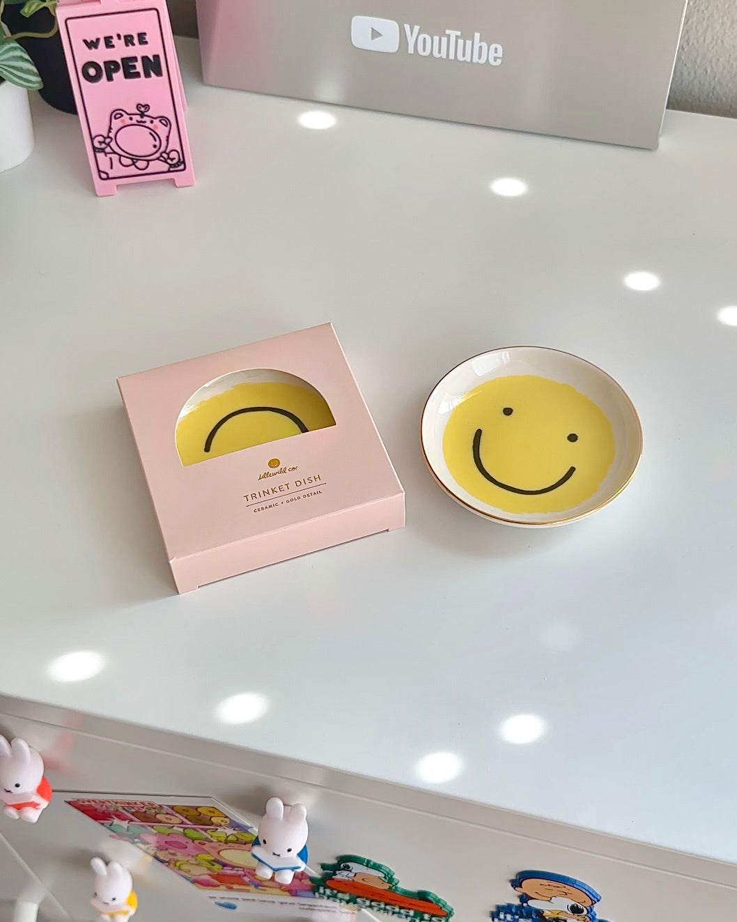 Hand Painted Smiley Face Ceramic Trinket Dish - Gold Trim Jewelry Catchall Tray for Rings, Earrings & Keys | Perfect for Vanity, Dresser & Entryway Organization