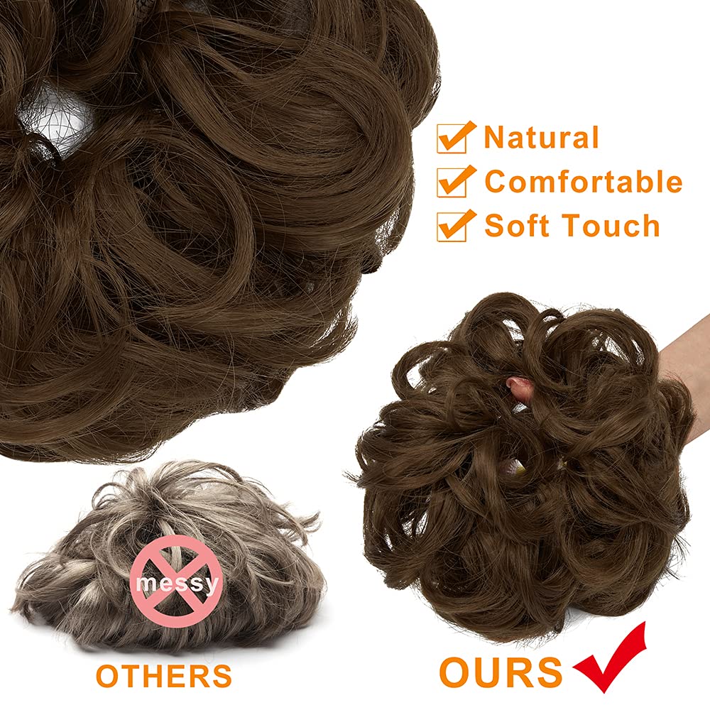OMGREAT 2PCS Thick Messy Bun Hair Extensions - Curly Wavy Ponytail Hairpieces for Women | Light Chestnut Brown | Perfect for Updos, Parties & Everyday Wear