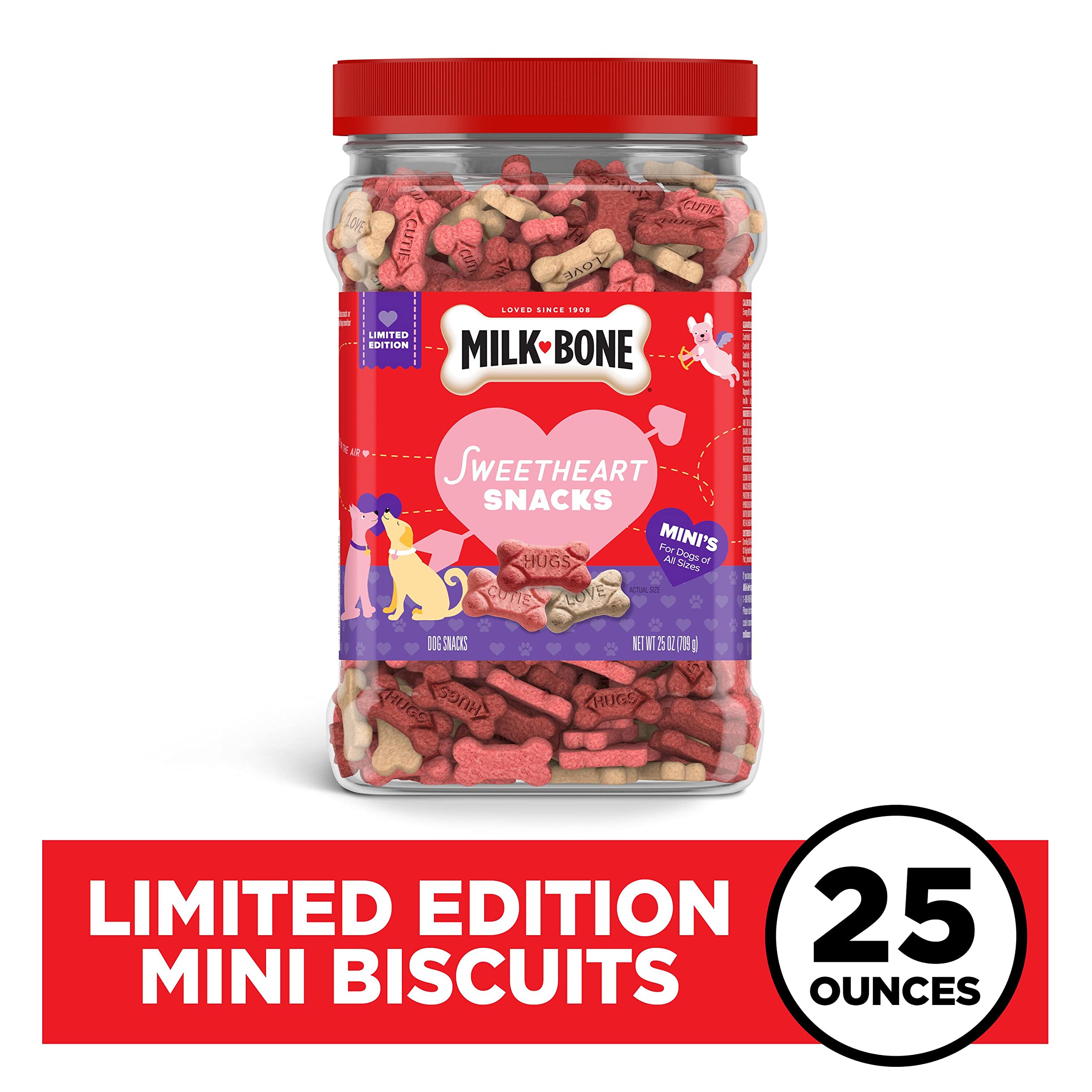 Milk-Bone Sweetheart Snacks Mini's Dog Treats - 25oz Canister (Pack of 6) | Crunchy & Delicious Training Rewards for Small & Medium Dogs | Perfect for Obedience Training, Positive Reinforcement & Daily Snacking