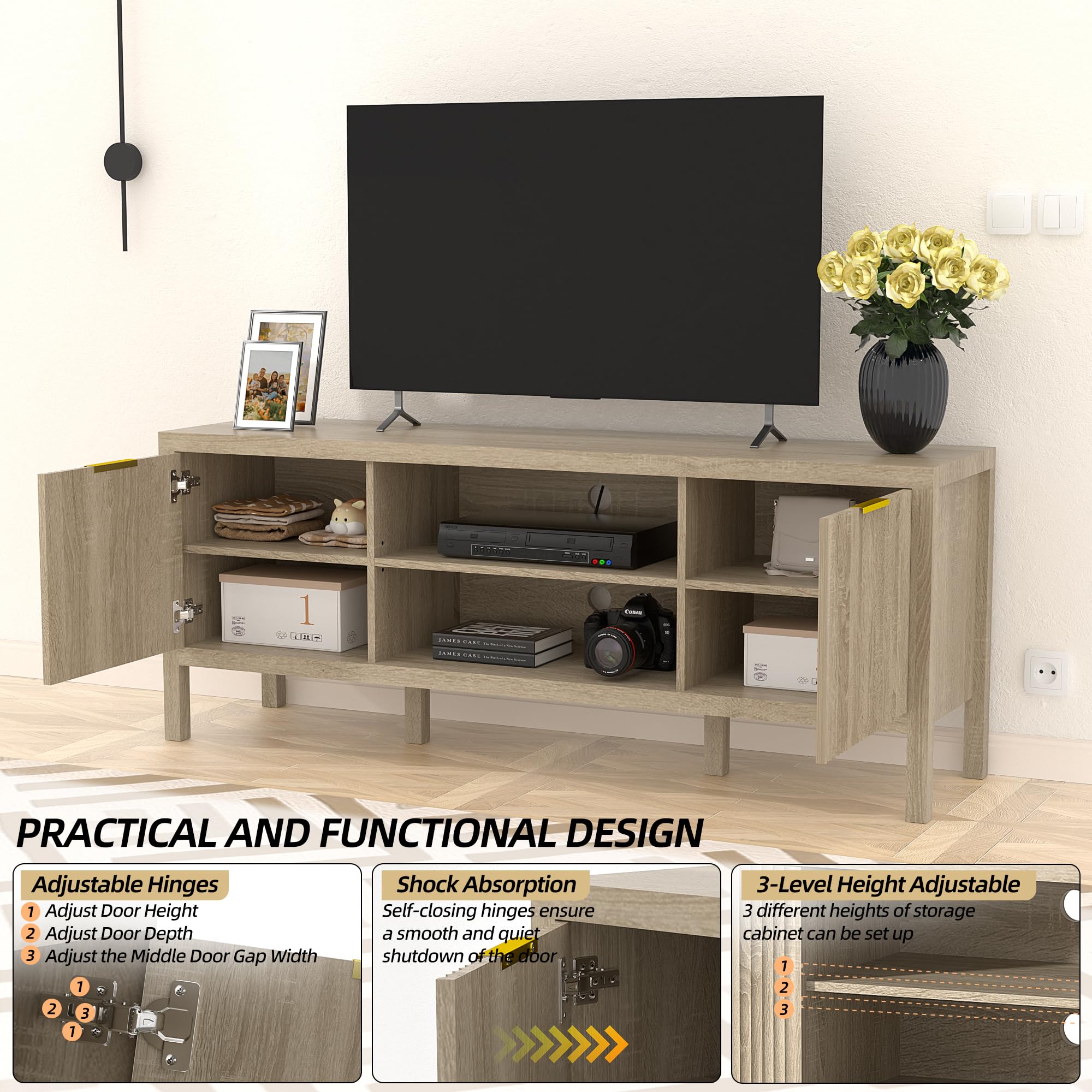 Mid Century Modern Fluted TV Stand with Storage Cabinet - Heavy Duty Entertainment Center for 65-Inch TVs - Sunwashed Ash Oak Finish - Perfect for Bedroom, Living Room & Home Theater Setup