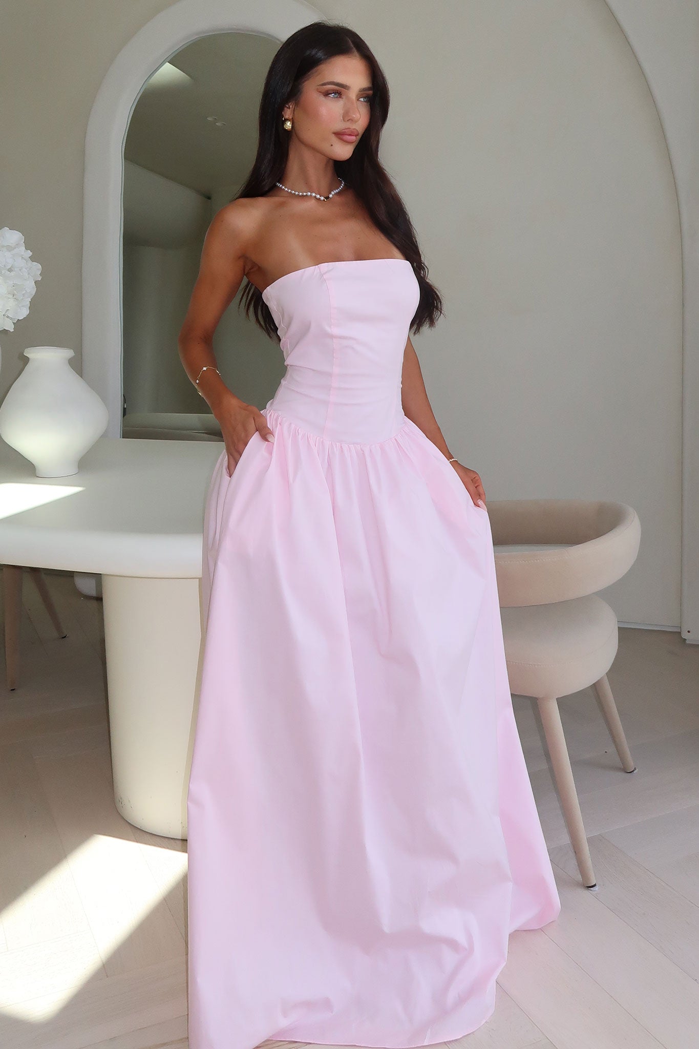 Iridessa Strapless Maxi Dress for Women - Flowy Baby Pink Summer Wedding Guest Dress | Beach Party, Vacation, Formal Occasions