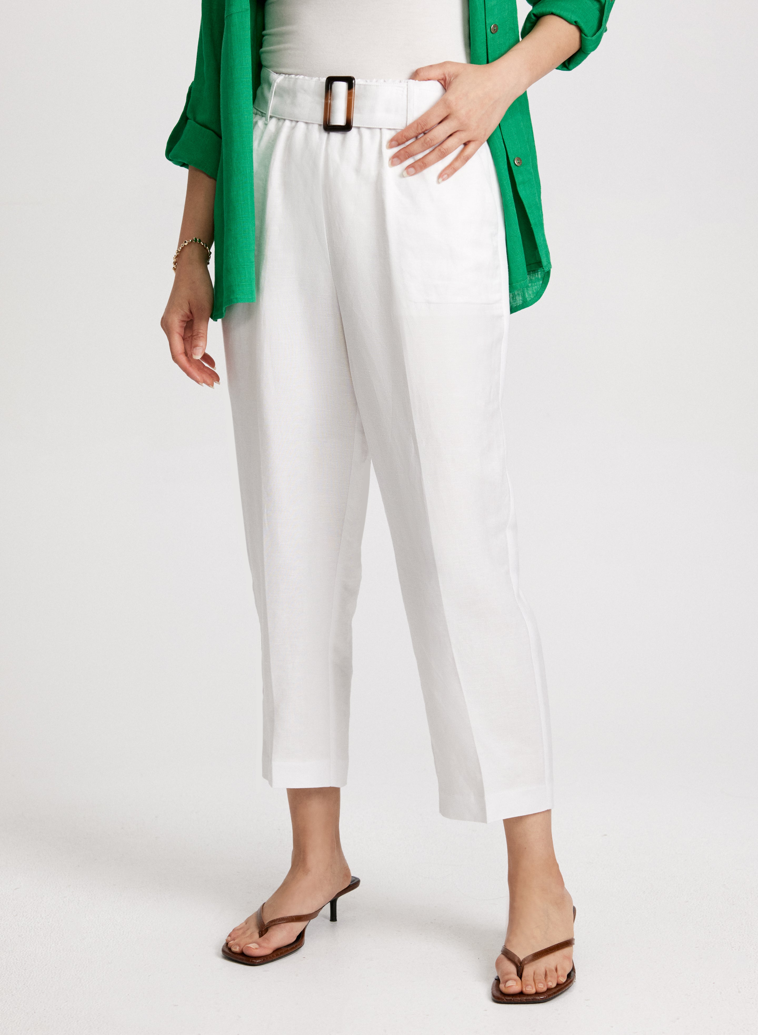 Women's Stretch Linen Blend Capri Pants with Belt - Comfortable Summer Casual Pants for Travel, Beach & Everyday Wear