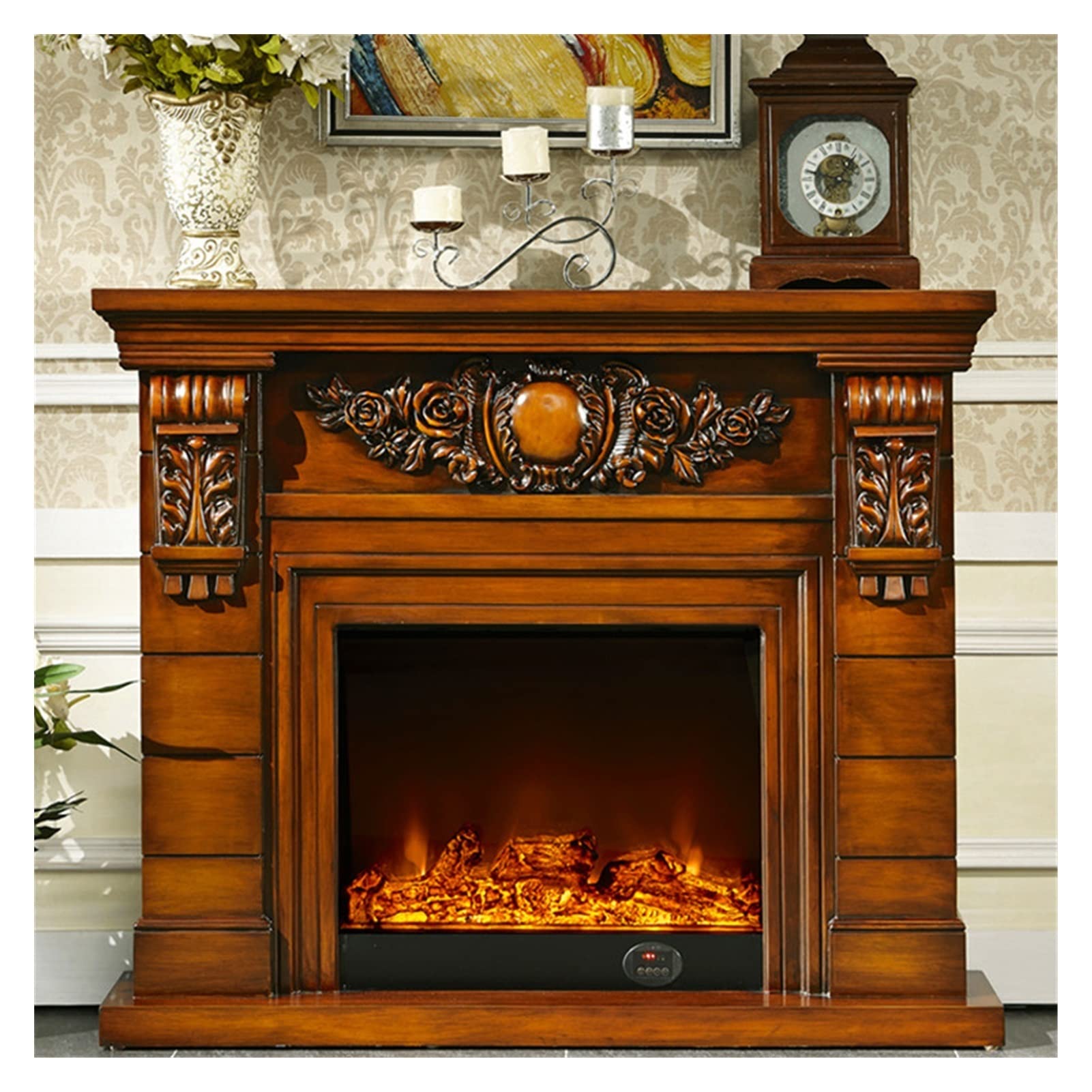 Electric Fireplace Insert with Realistic Flame Effect - Wooden Mantel Firebox Burner Set for Living Room | Cozy Home Heating & Holiday Decor