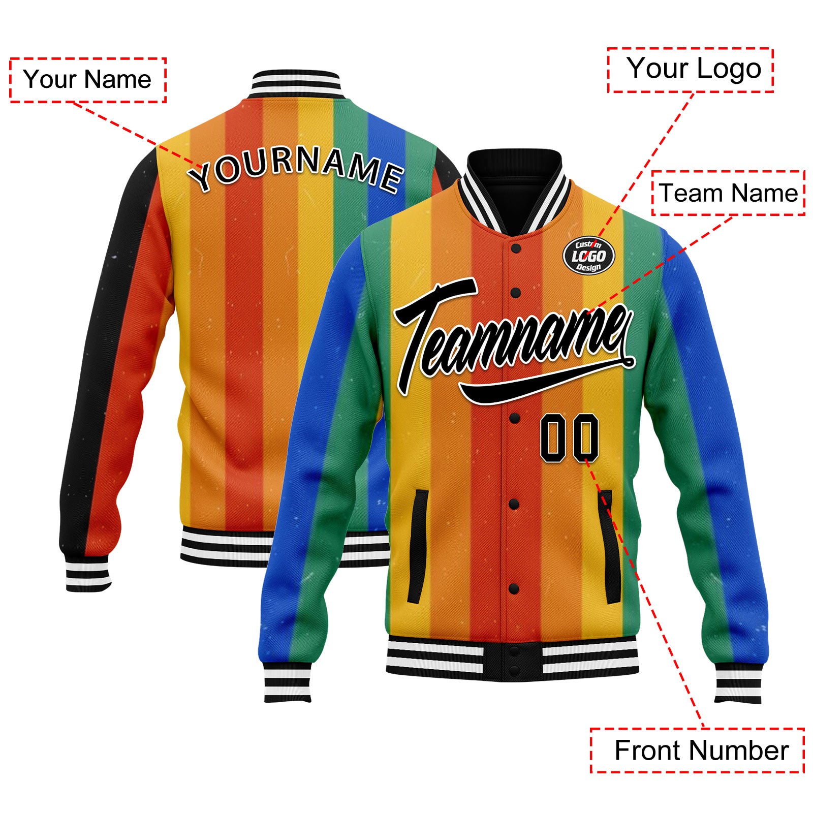 Custom Personalized Varsity Letterman Bomber Jacket with Full Snap Closure - FZ005 D025003 - Perfect for High School, College & Casual Wear