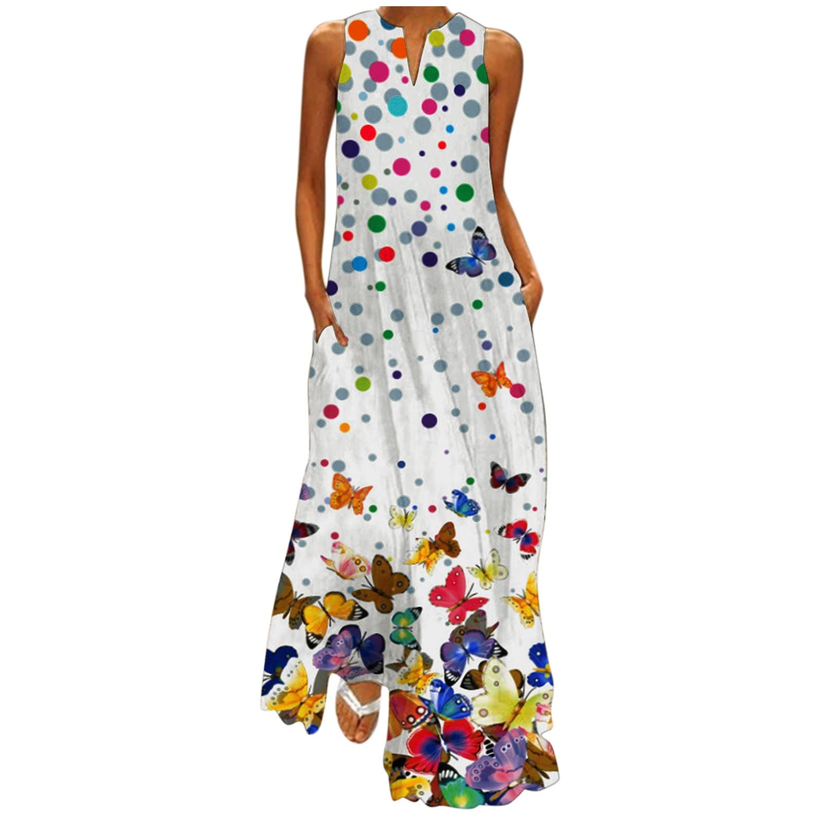 Women's V-Neck Cami Maxi Dress - Summer Floral Print with Pockets, Sleeveless Party Dress for Beach, Vacation & Special Occasions - White Flowy Dress