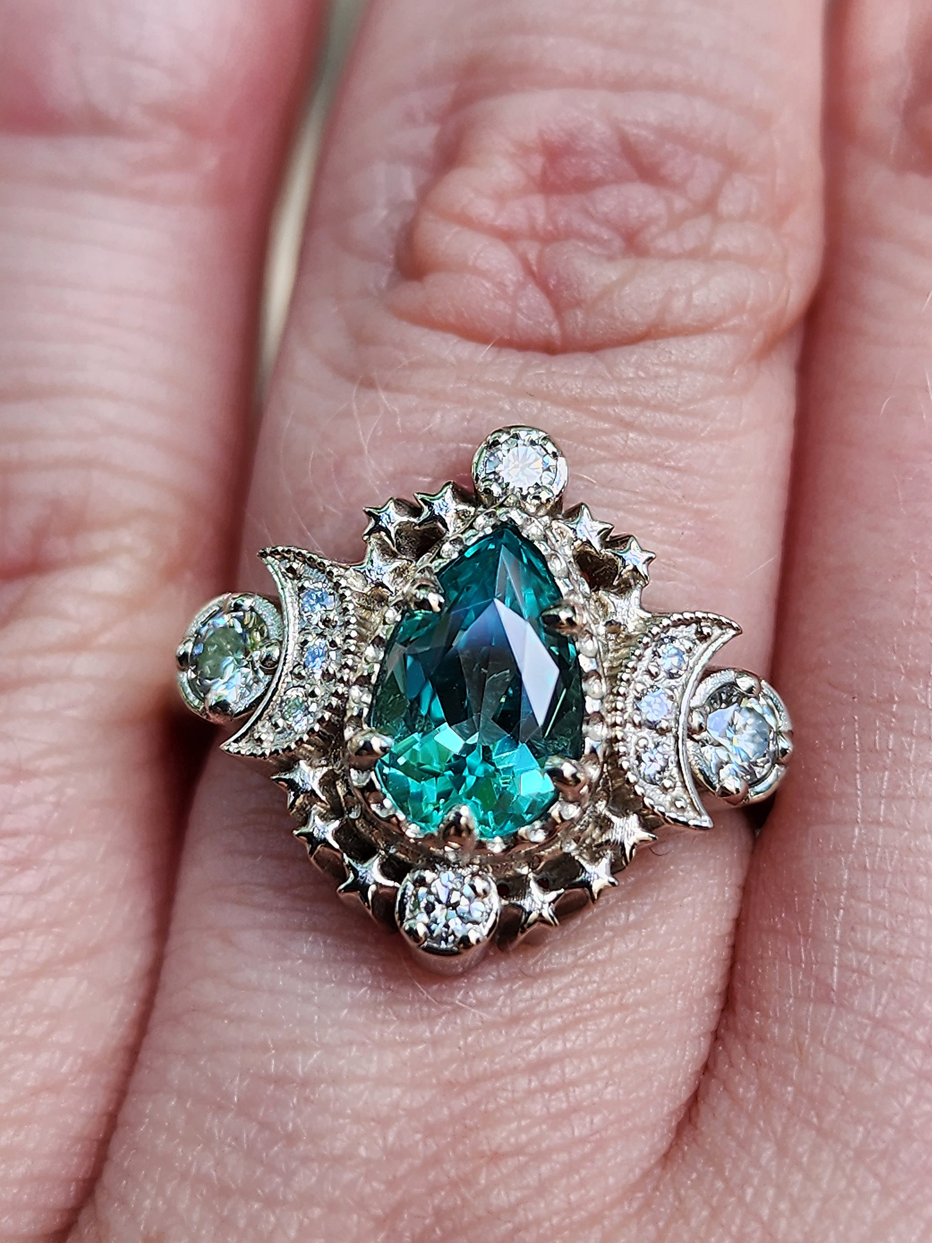 Chrysoberyl Pear Cosmos Moon Engagement Ring with Diamond Crescent Moons & Gold Stars - Choose Your Center Stone | Perfect for Wedding, Proposal & Celestial-Themed Jewelry Lovers