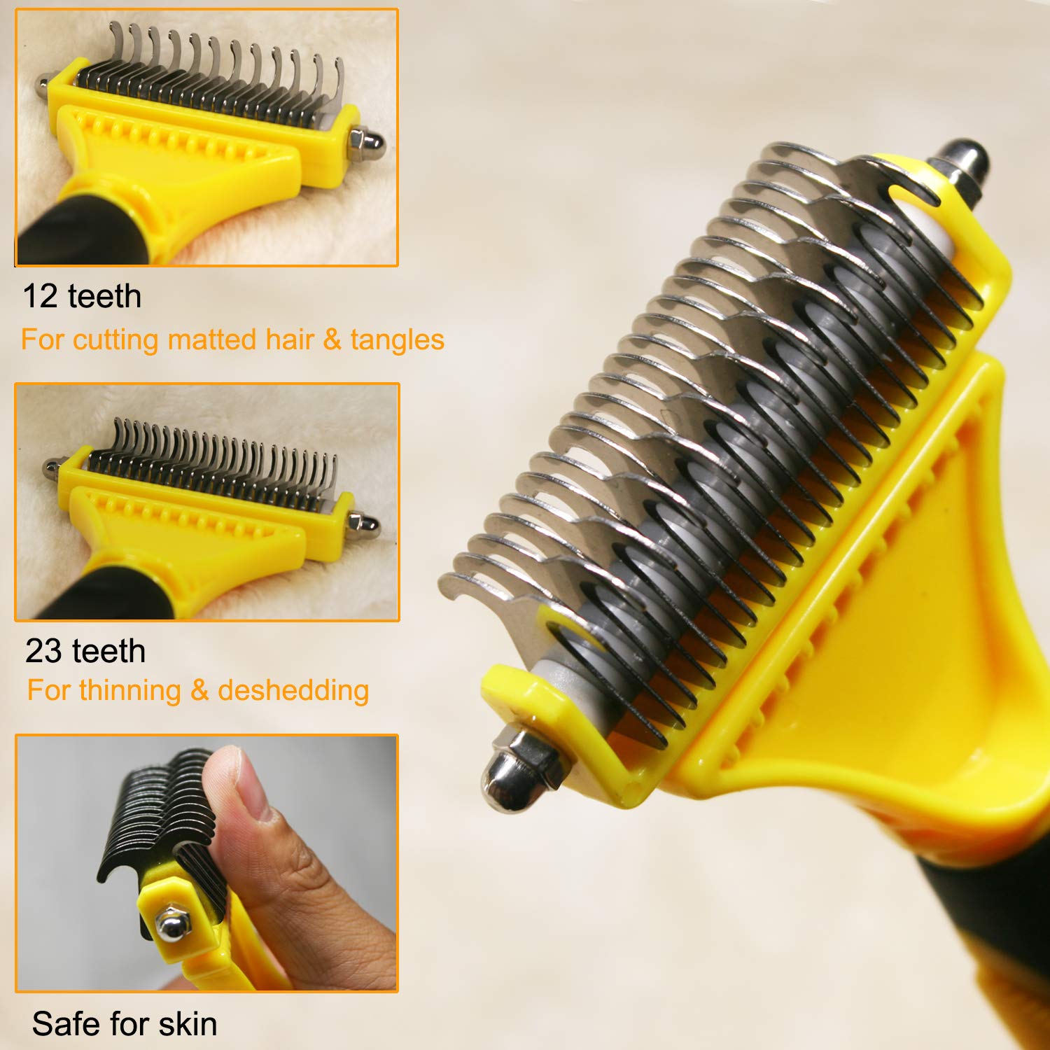 2-Sided Pet Dematting Comb for Cats & Dogs - Safe Undercoat Rake Grooming Tool for Removing Mats & Tangles - Medium/Long Hair Shedding Brush (Yellow) - Perfect for Home Grooming & Professional Pet Care