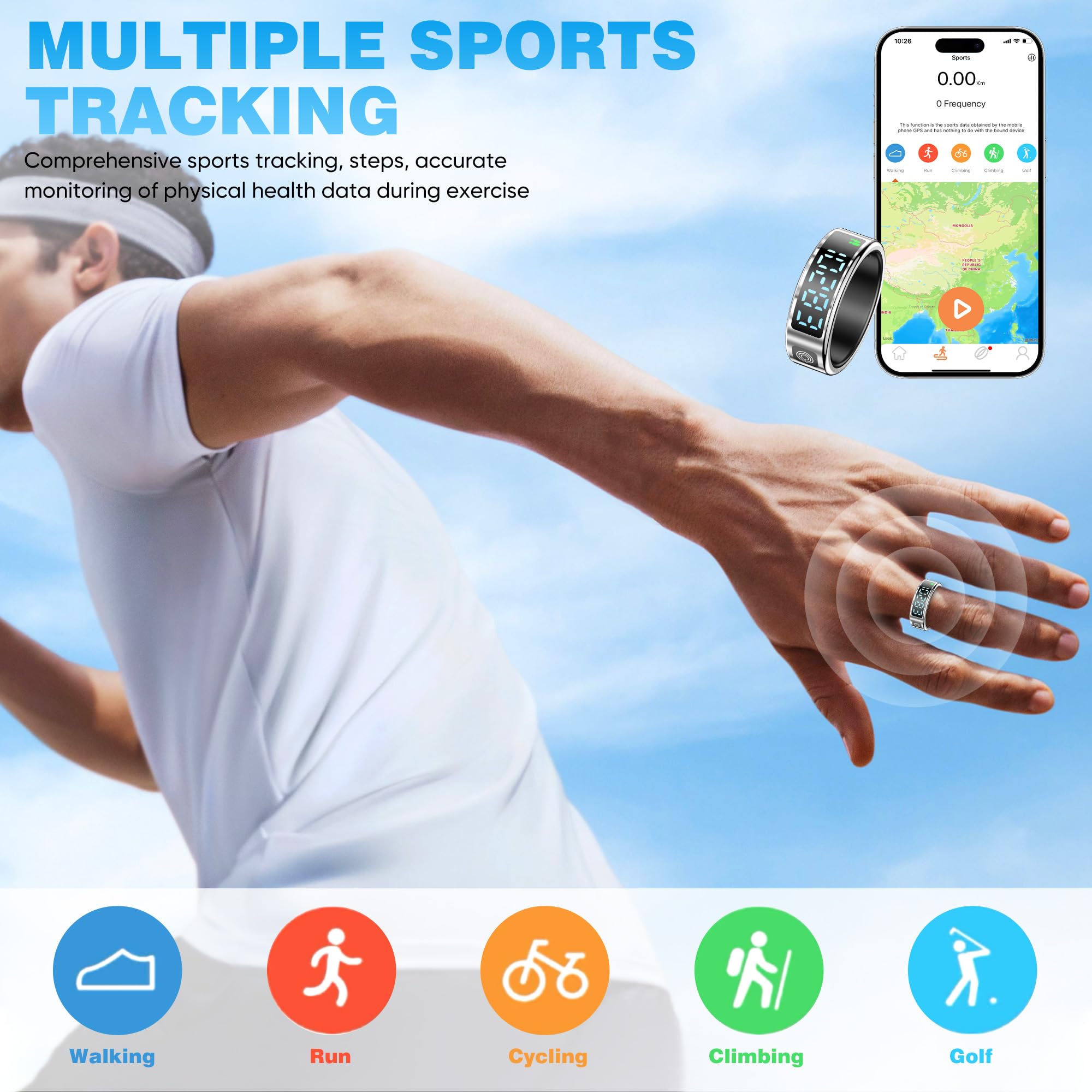 Smart Ring with LED Display - Track Activity, Sleep & Steps - Bluetooth Connected - IP68 Waterproof Fitness Tracker for iPhone & Android - Perfect for Workouts, Sleep Monitoring & Daily Health Tracking (Silver Size 10)