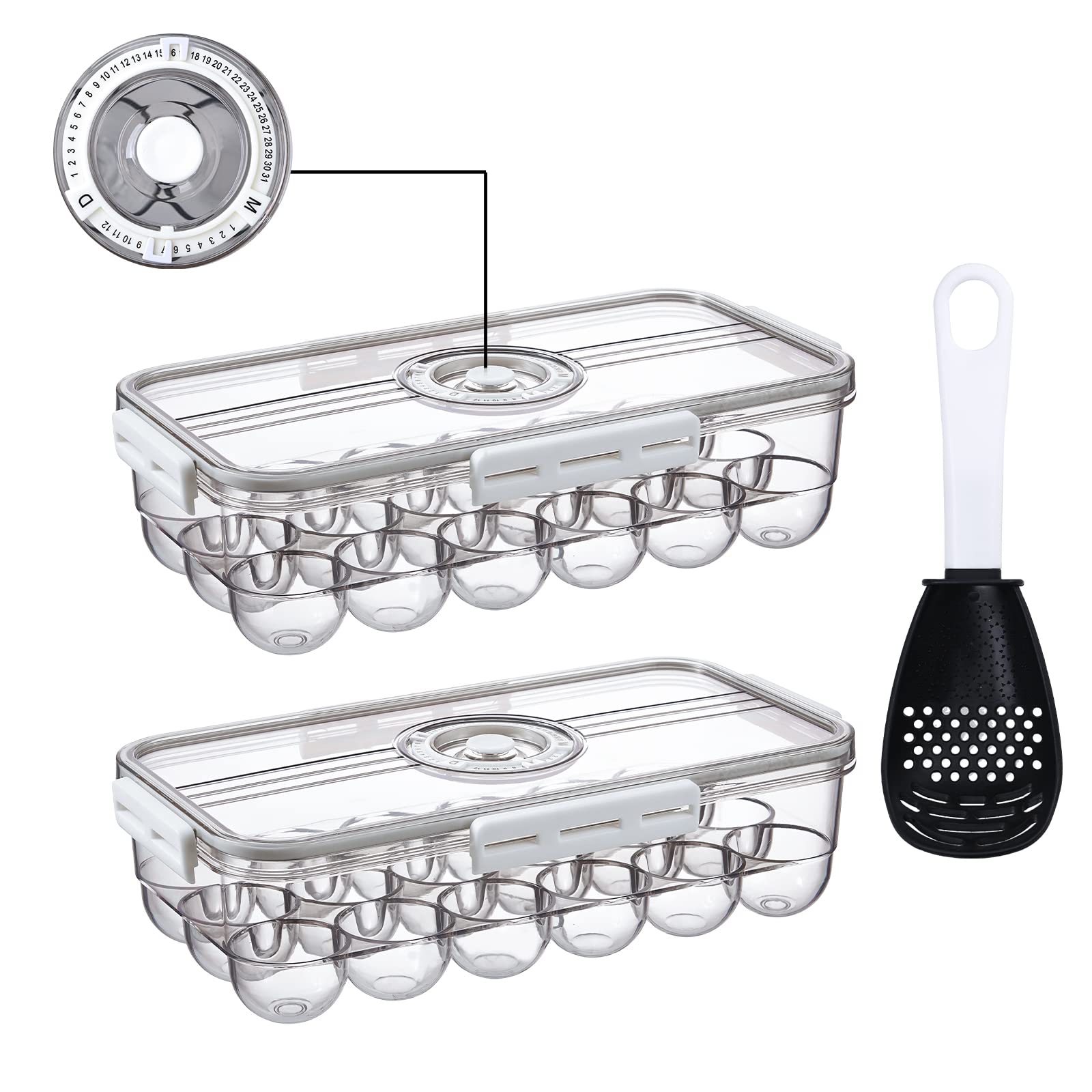 JMSWENJUAN 18-Count Clear Plastic Egg Storage Container with Lid & Time Scale - Refrigerator Egg Organizer, Fridge Egg Tray for Freshness Tracking (Pack of 2) - Perfect for Kitchen Organization & Meal Prep
