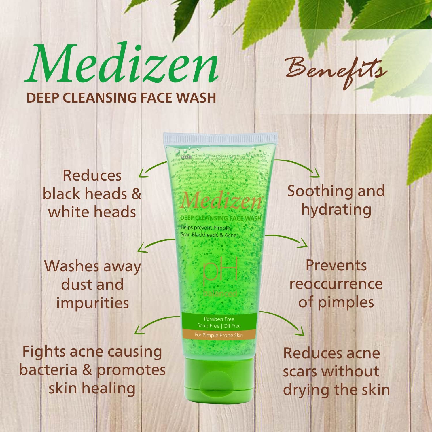 Medizen Deep Cleansing Face Wash 100ml - Oil Free, Soap Free, Paraben Free with Neem, Aloe Vera & Tulsi for Acne Control & Glowing Skin | pH Balanced Gentle Cleanser for Daily Use | Perfect for Morning & Night Skincare Routine