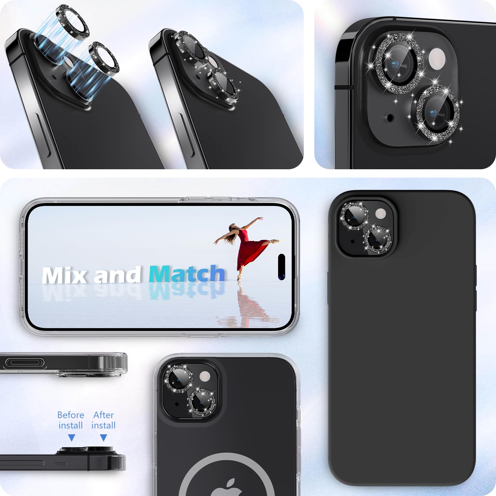 imluckies iPhone 15 & iPhone 15 Plus Camera Lens Protector - HD Clear Aluminum Alloy Ring with 9H Tempered Glass | Glitter Black Back Screen Protection Film | Perfect for Travel, Photography & Daily Use