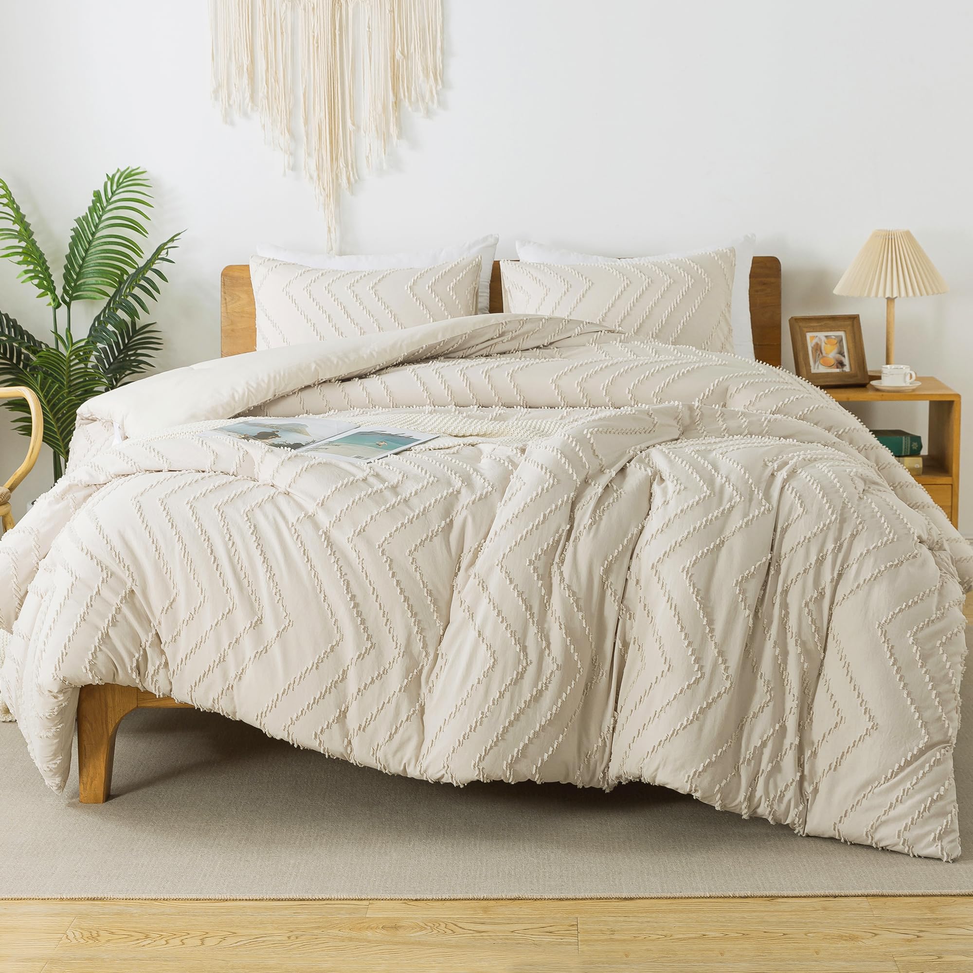 Litanika Beige King Size Comforter Set - 7 Piece Boho Bedding Set with Tufted Comforter, Sheets, Pillowcases & Shams | Complete Luxury Bed in a Bag for Master Bedroom & Guest Room Decor