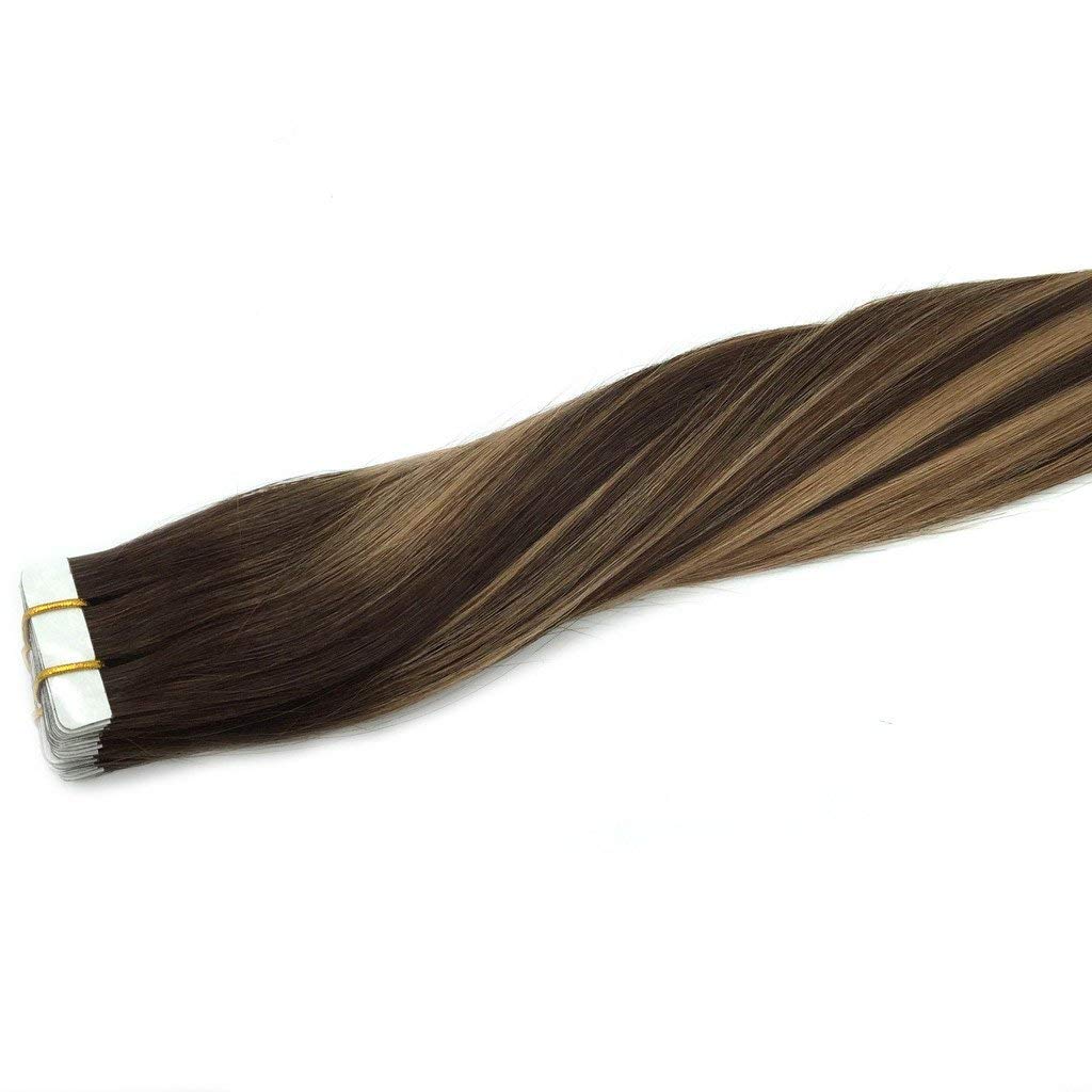 Brazilian Human Hair Extensions Tape - 20PCS 50G Real Remy Hair Extensions with Balayage Highlights (Color #4 Brown Ombre & #27 Blonde Mixed) - Natural Tape-In Hair for Women | Perfect for Daily Styling, Parties & Special Occasions