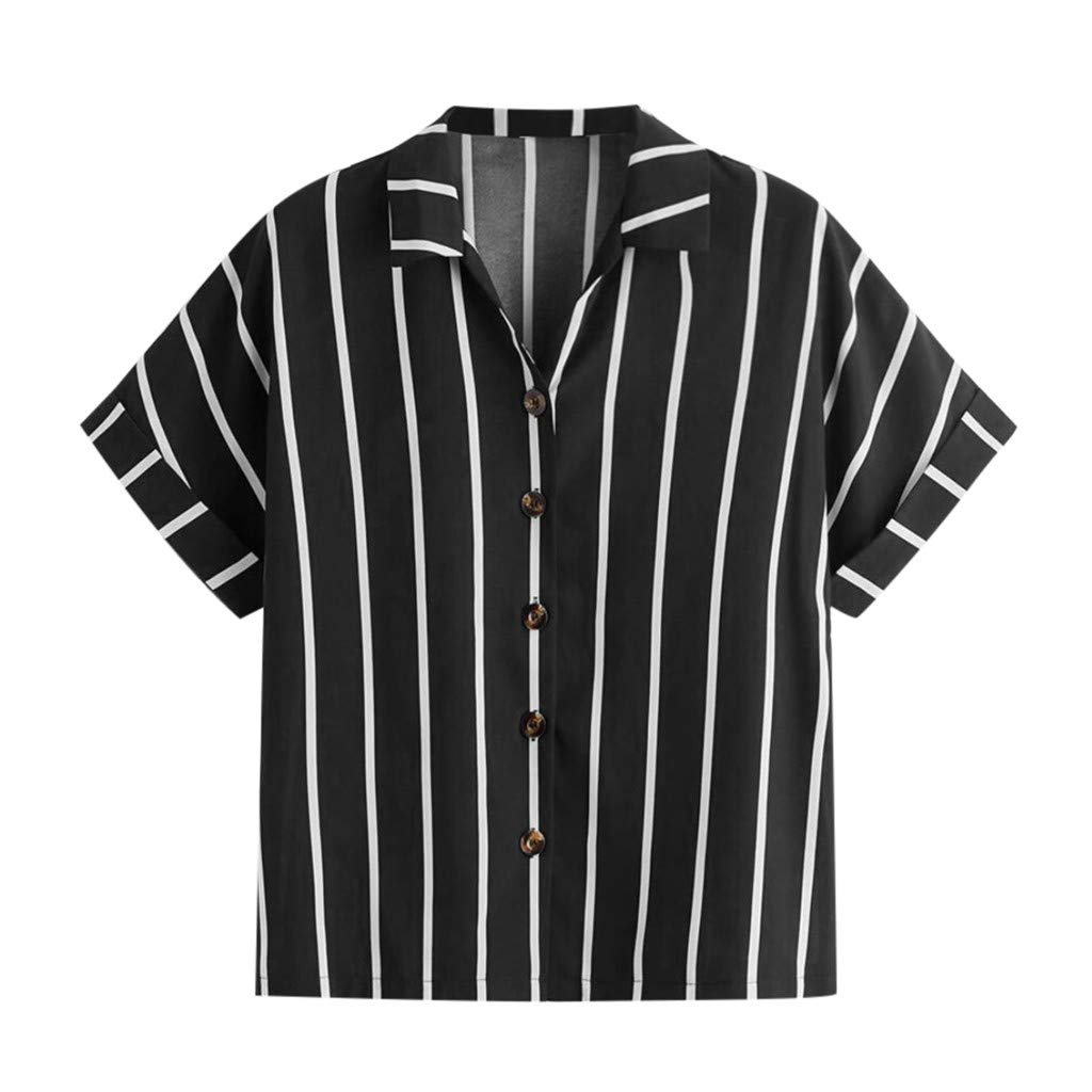 Women's Casual & Work Striped Button-Down Blouse - Lapel Collar Loose Fit Short Sleeve Shirt with Floral Print | Perfect for Office, Business Meetings & Summer Outings
