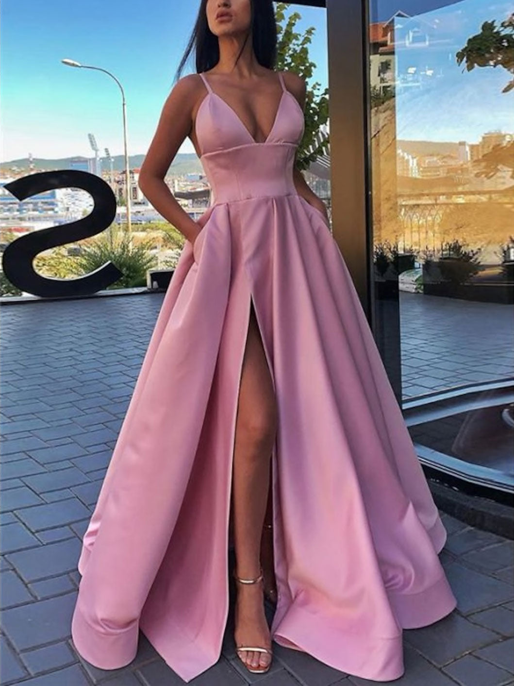 Elegant A-Line V-Neck Satin Prom Dress - Long Formal Gown for Graduation, Homecoming & Special Occasions | Perfect for Dances, Parties & Evening Events