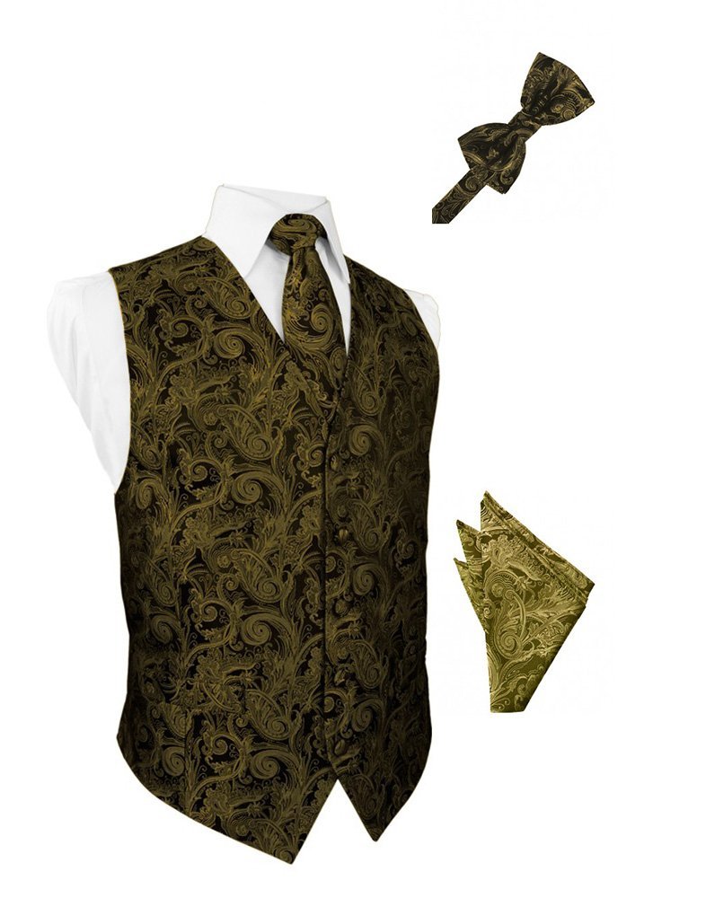 Elegant Gold Paisley Satin Tuxedo Vest with Bowtie & Pocket Square Set - Formal Wedding Attire for Groomsmen, Prom & Black Tie Events