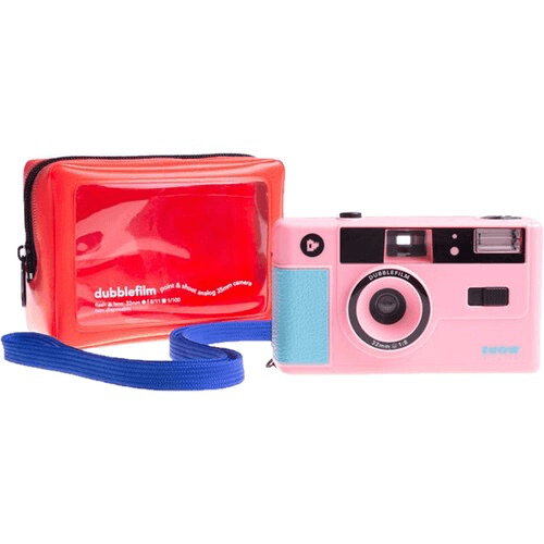 Dubblefilm SHOW 35mm Reusable Flash Camera with Case & Neck Strap - Pink Vintage Film Camera for Travel, Parties & Everyday Photography