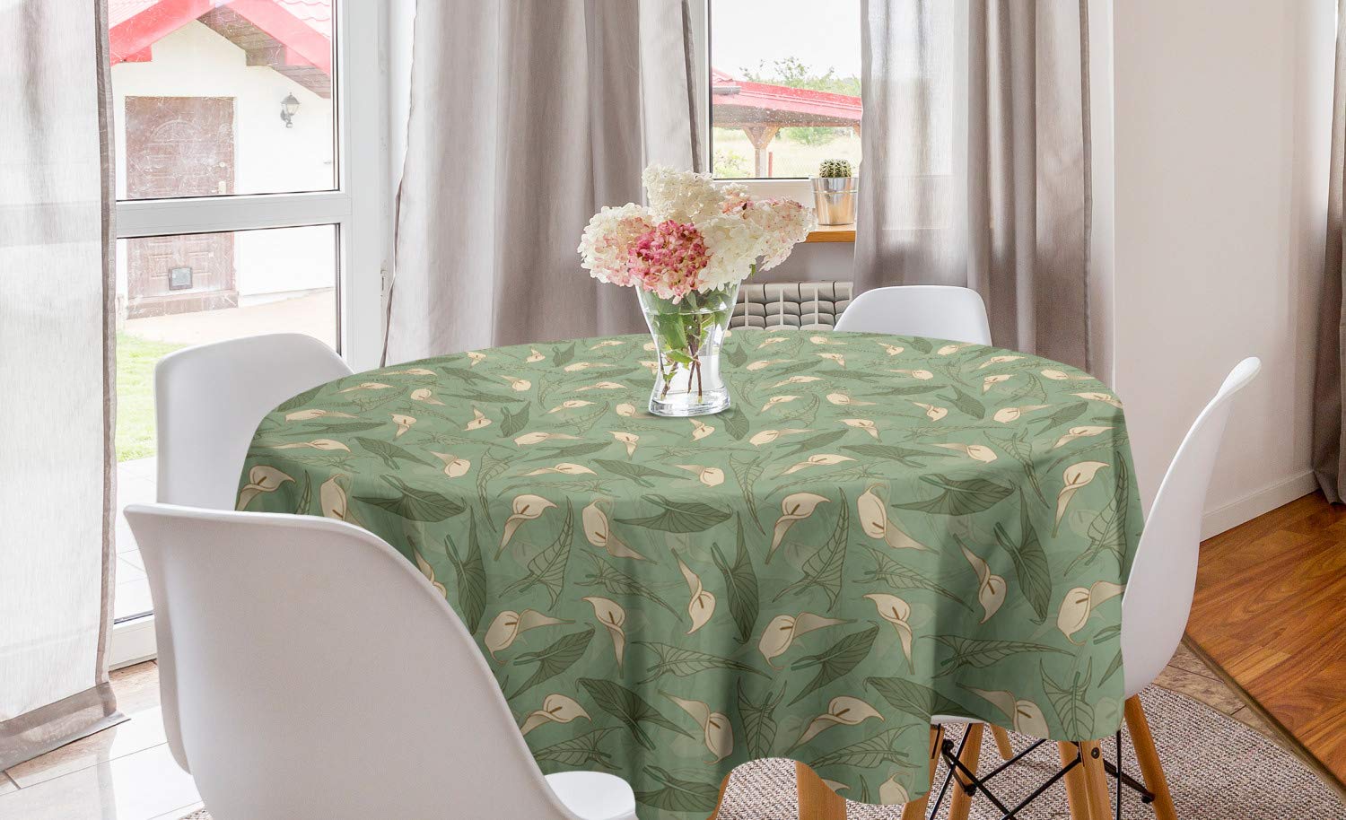 Ambesonne Floral Round Tablecloth - 60 Inch Calla Lily & Green Leaves Design, Cream Reseda Green Table Cover for Dining Room, Kitchen Decor | Perfect for Summer Parties, Indoor & Outdoor Gatherings
