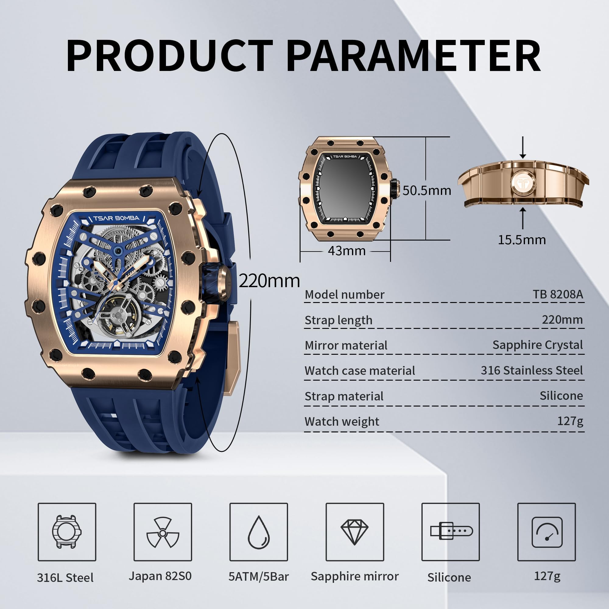 TSAR BOMBA Men's Automatic Skeleton Watch - Luxury Mechanical Tonneau Watch with 50M Waterproof, Big Square Dial & Silicone Strap - Perfect for Business, Formal Events & Everyday Wear