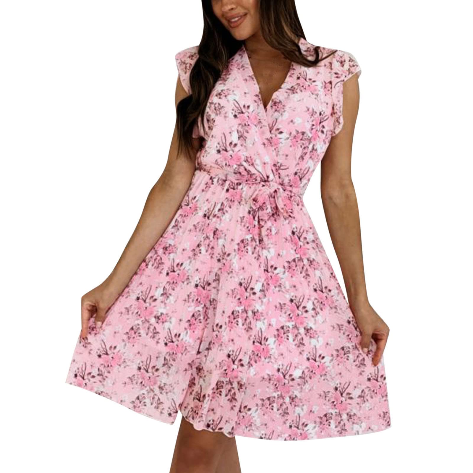 Women's Summer Sleeve Dresses - Short Sleeve V-Neck Boho Floral Mini Dress for Casual Wear | Beach Outfits, Picnic Dates & Summer Vacations