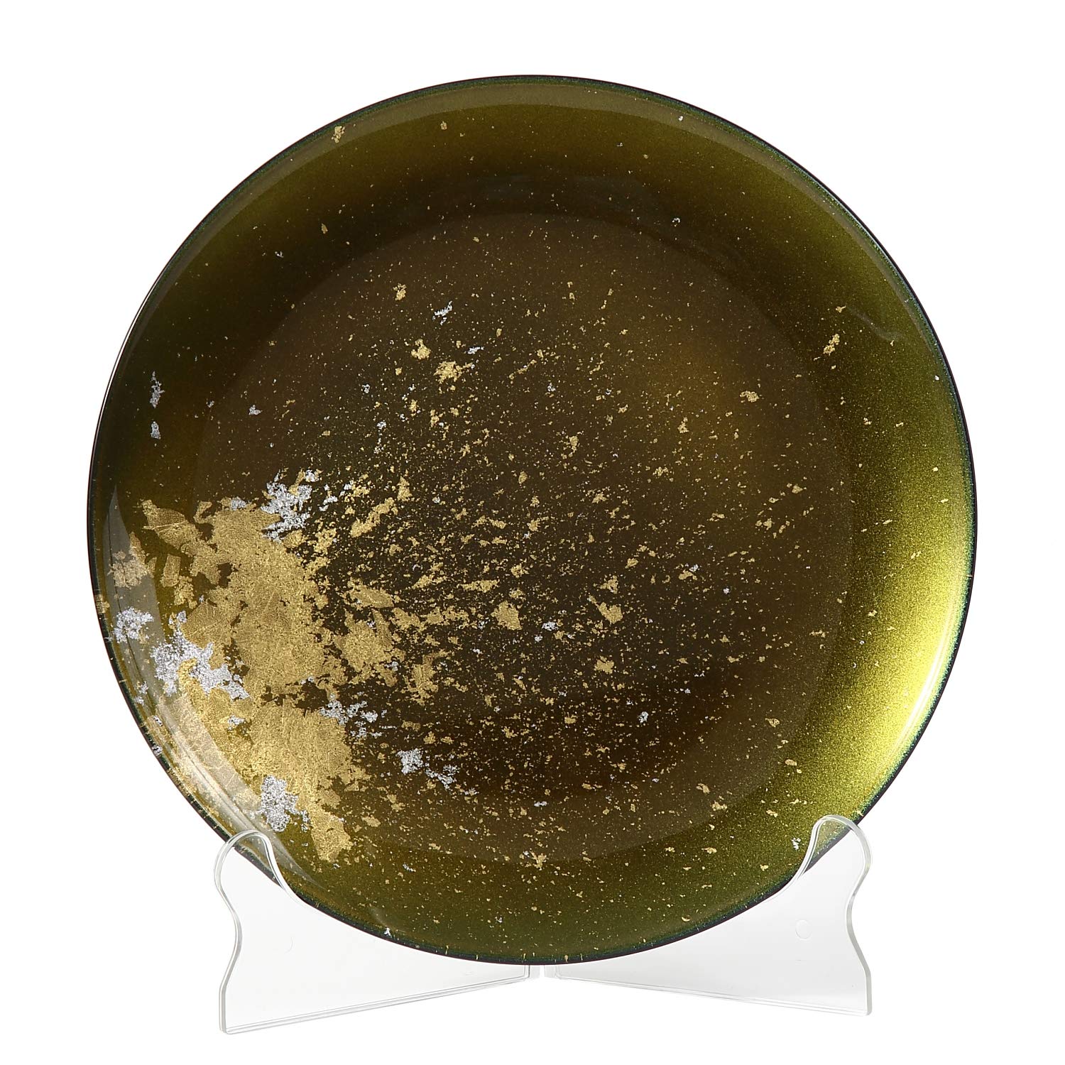 Japanese Urushi Glass Flat Dinner Plate 11-inch - Majestic Green with Gold Leaf - Dishwasher Safe - Elegant Tableware for Fine Dining, Parties & Home Decor