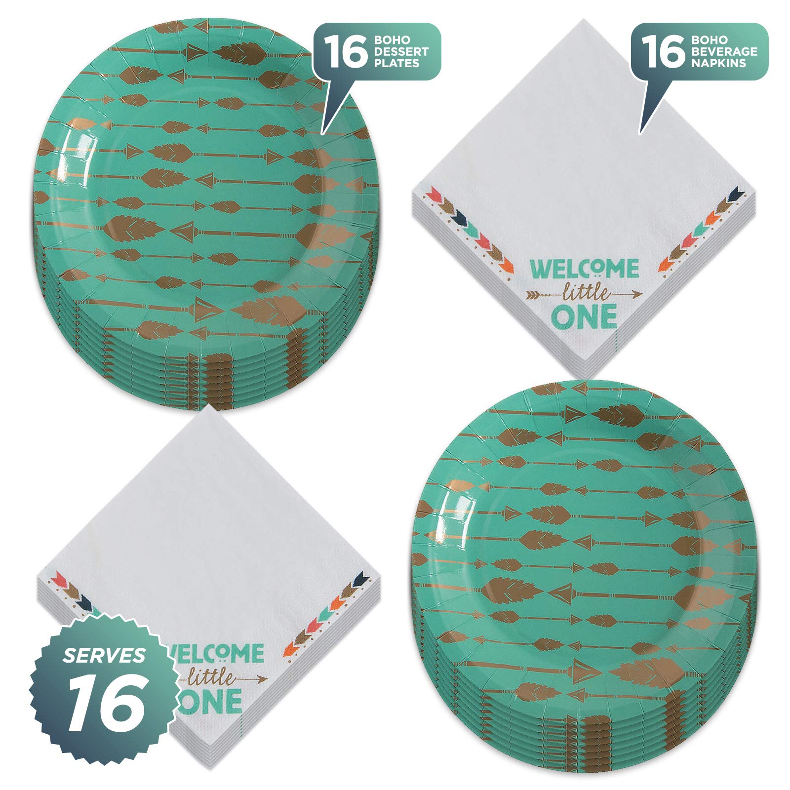 Boho Tribal Party Supplies - 16-Pack Rustic Teal Paper Dessert Plates & Arrow Print Beverage Napkins for Wedding, Baby Shower & Birthday Party Decorations
