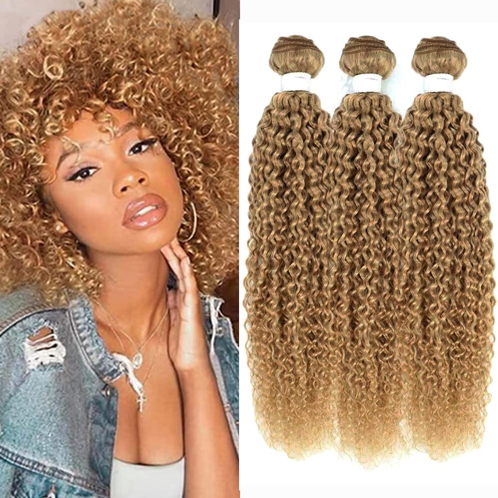 100% Virgin Brazilian Human Hair Bundles - Remy Honey Blonde Curly Wave Kinky Hair Extensions (Color #27, 3 Bundles 10/12/14 Inches) | Unprocessed Natural Hair for Weaving, Wigs & Protective Styles | Perfect for Daily Wear, Special Occasions & Salon Styling