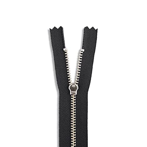 Heavy Duty 11 Inch Black Metal Zipper with Silver Brass Teeth - Non-Separating Sewing Zipper for DIY Crafts, Bags, Jackets & Outdoor Gear