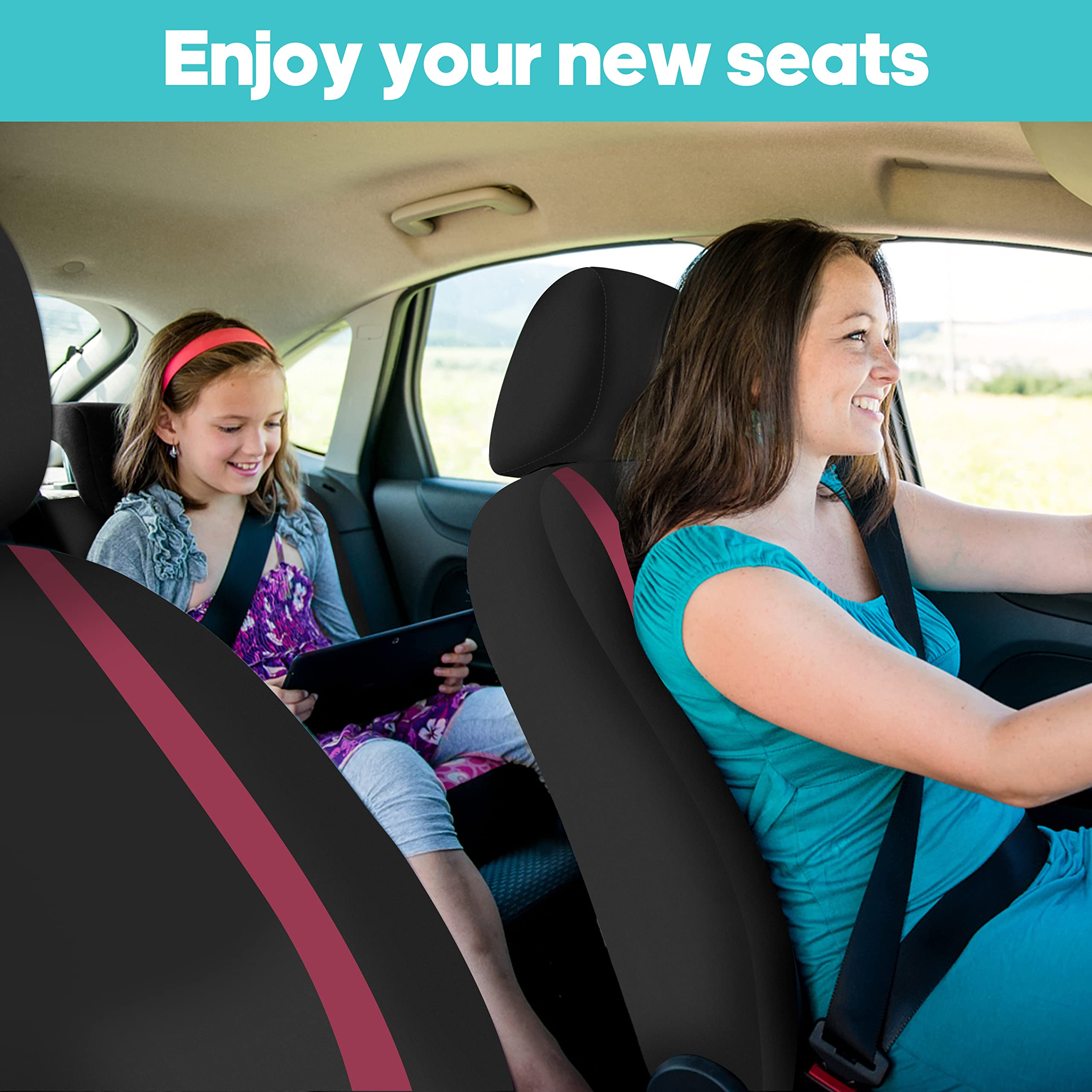 Premium FH Group Car Seat Covers - Universal Fit Flat Cloth Full Set (Front & Rear Bench) - Burgundy & Black Automotive Seat Protectors for Cars, Trucks & SUVs | Perfect for Daily Commute, Road Trips & Family Protection