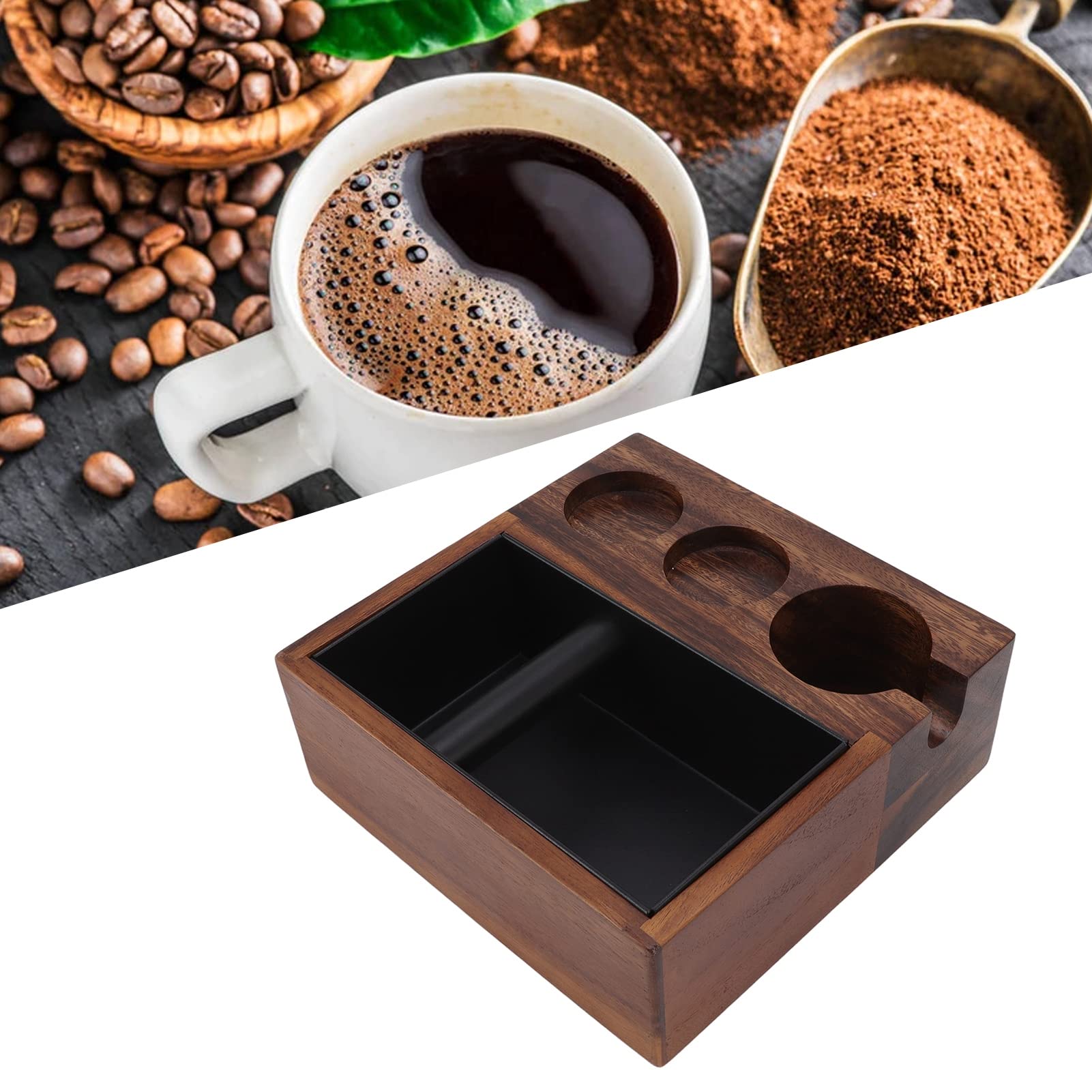 Premium Walnut Wooden Coffee Tamping Stand - 4-in-1 Espresso Tamper Holder with Knock Box & Slag Container - Professional Coffee Distributor Station for Baristas, Home Brewing, Cafés & Office Use