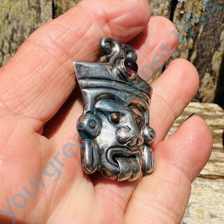 Vintage Mexican Aztec Tlaltecuhtli Pin - Sterling Silver & Purple Glass Brooch - Handmade Ethnic Jewelry for Women - Perfect for Boho Outfits, Cultural Events & Gift Giving