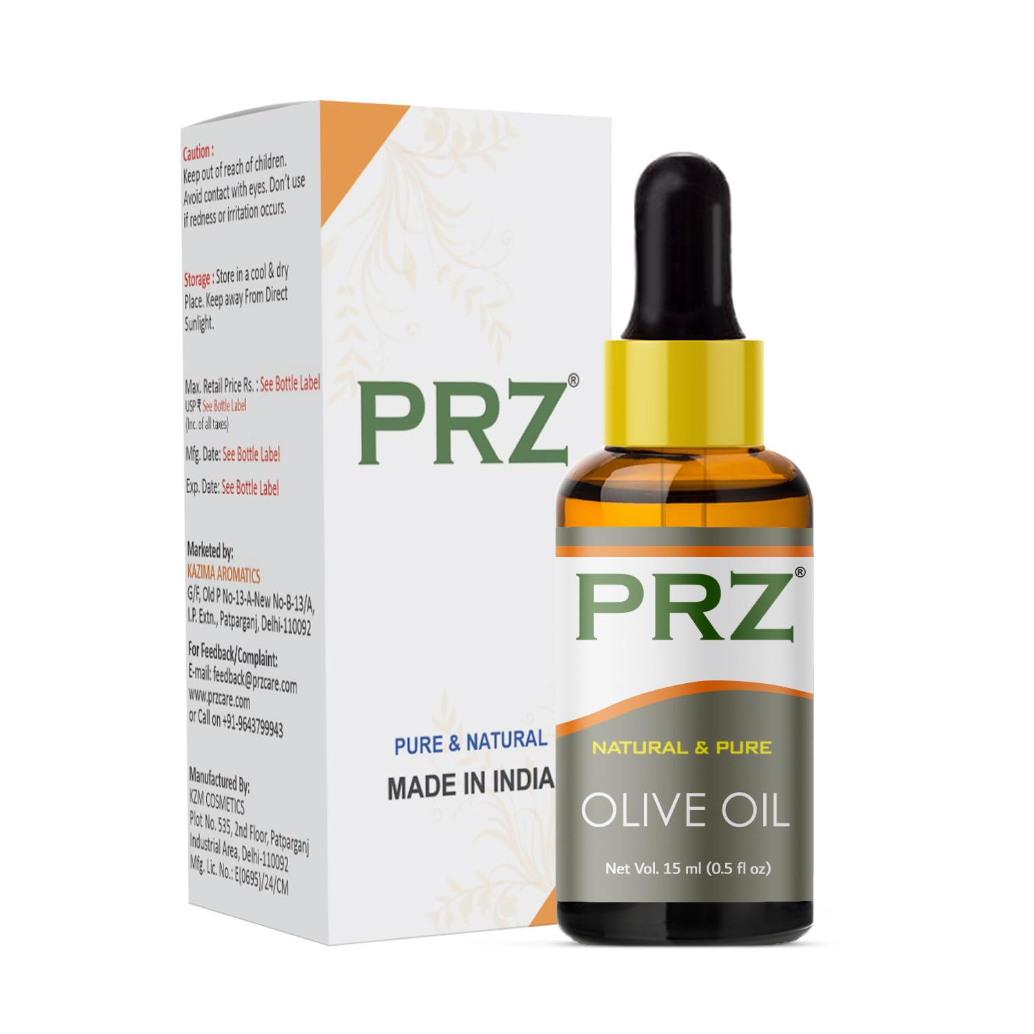PRZ Extra Virgin Olive Cold Pressed Carrier Oil - 100% Pure Natural Therapeutic Grade for Aromatherapy, Body Massage, Skin & Hair Care (15ml) | Perfect for DIY Beauty Recipes, Relaxation & Spa Treatments