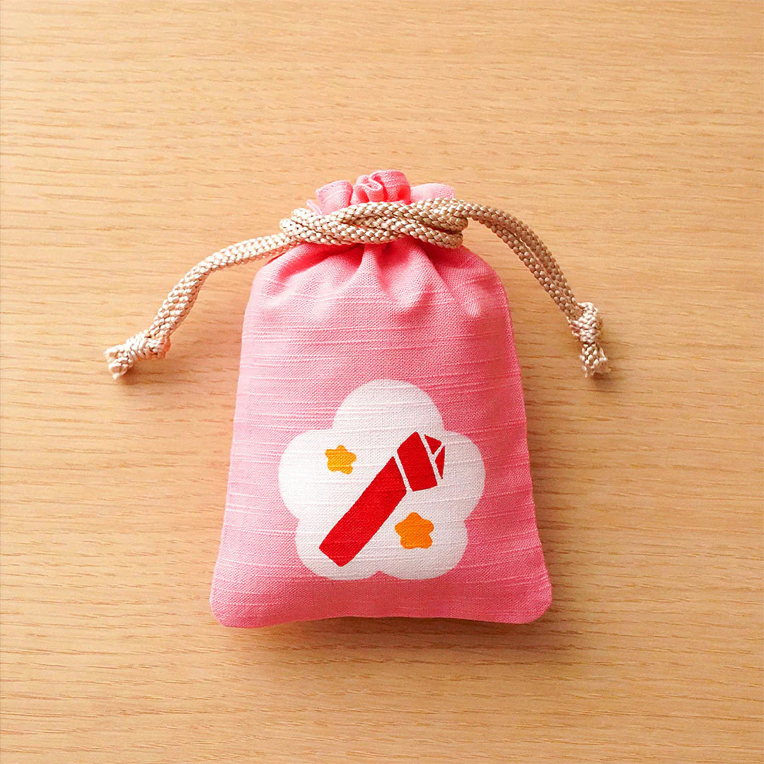 Katazome Small Talisman Bag - Japanese Apricot & Knotted Paper Drawstring Pouch - Traditional Japanese Craft Gift for Good Luck Charm, Travel Amulet, Home Decoration