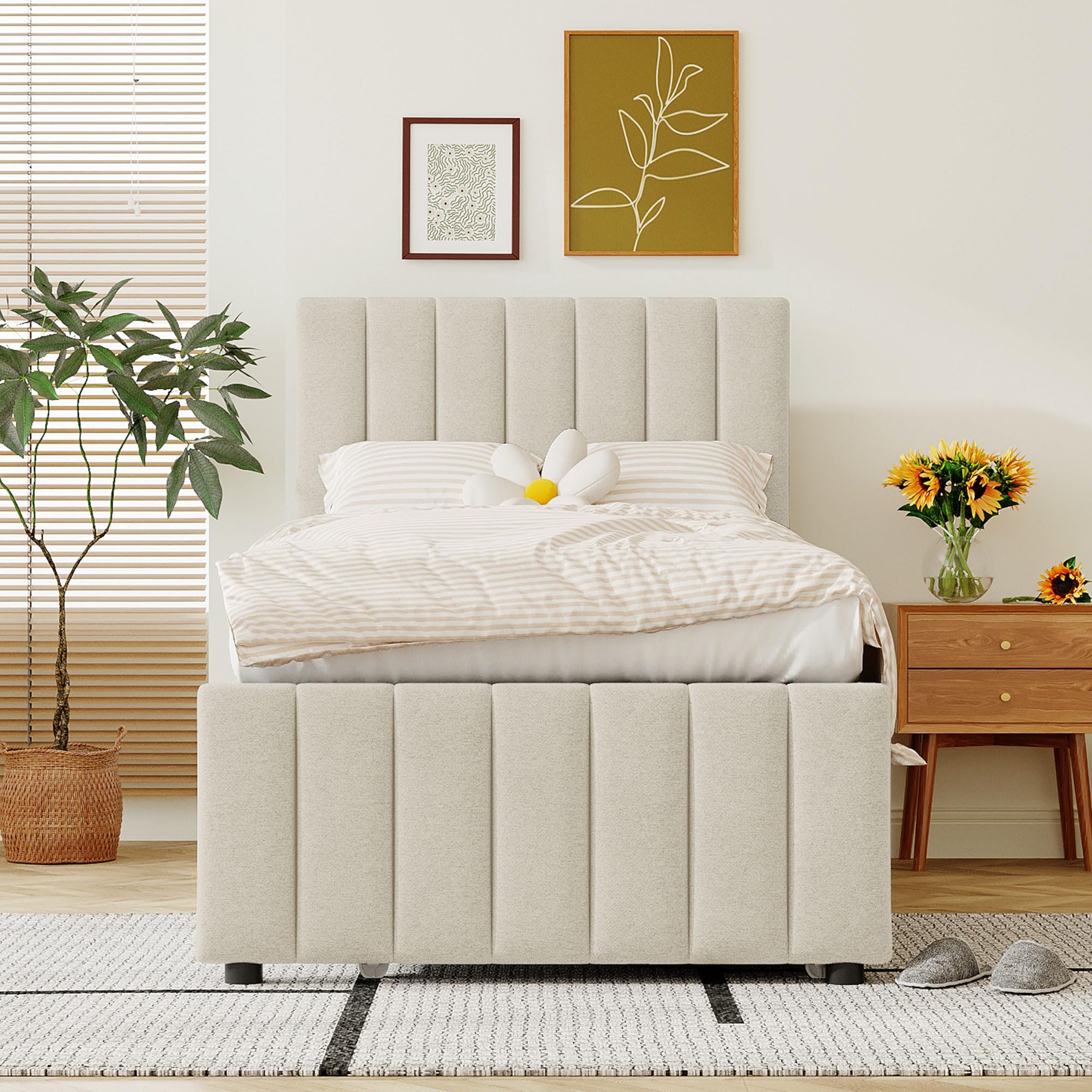 MERITLINE Twin Size Platform Bed with Pull-Out Trundle & 3 Storage Drawers - Linen Upholstered Bed Frame with Headboard for Kids, Teens & Adults - Space-Saving Bedroom Furniture for Small Rooms & Guest Rooms (Twin, Beige)