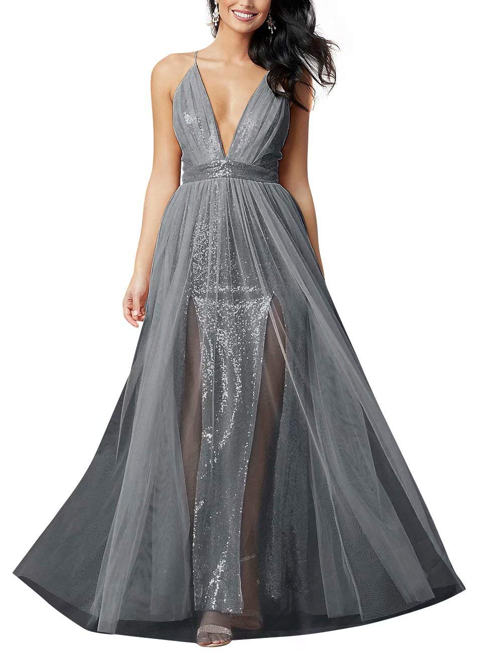 JASY Women's Long Sequined V-Neck Prom Dresses Plus Size with Slit - Elegant Evening Gowns for Homecoming, Pageant & Formal Events