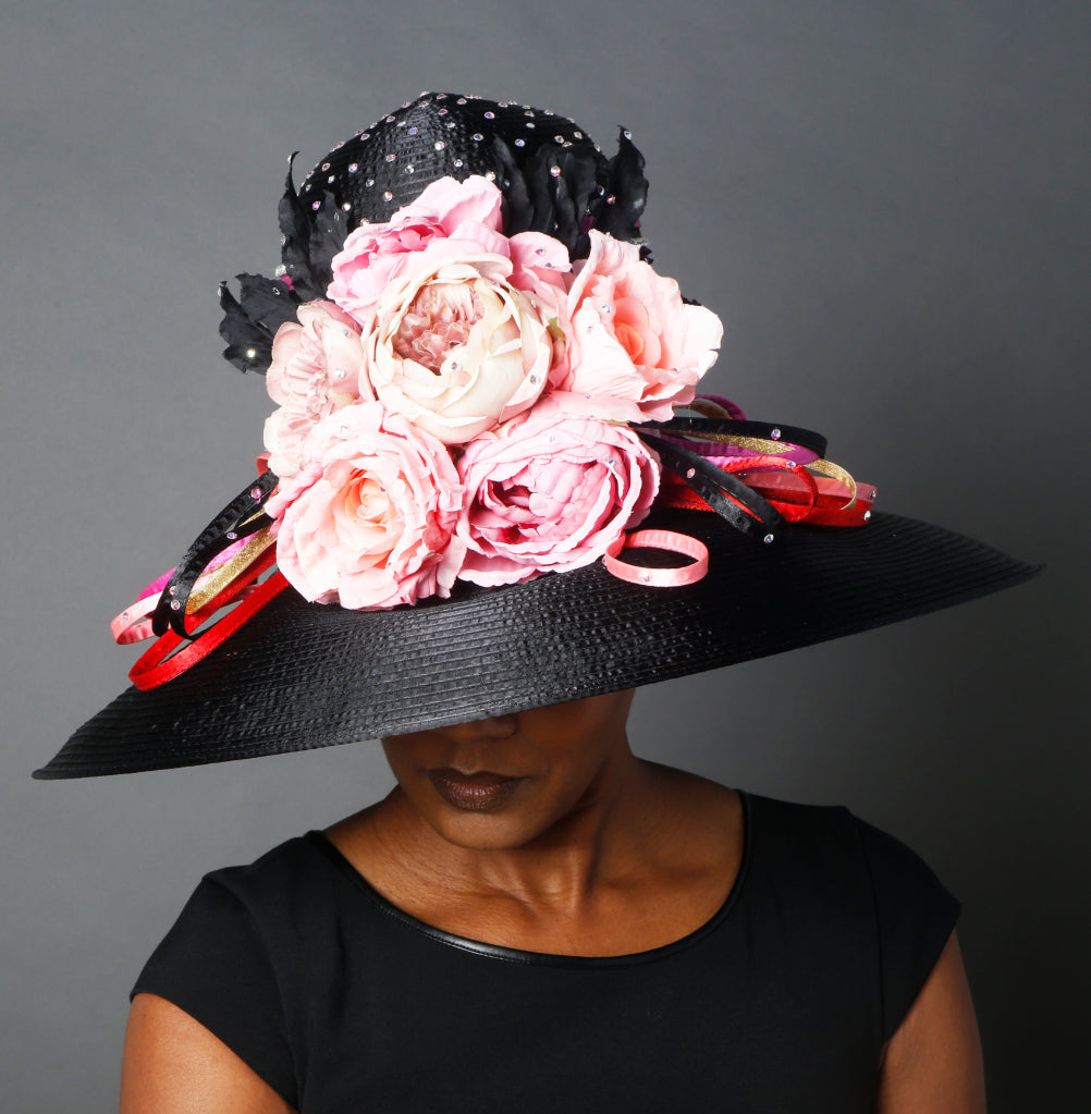 Black Satin Floral Hat with Pink Flowers - Elegant Women's Dress Hat for Weddings, Tea Parties & Special Occasions